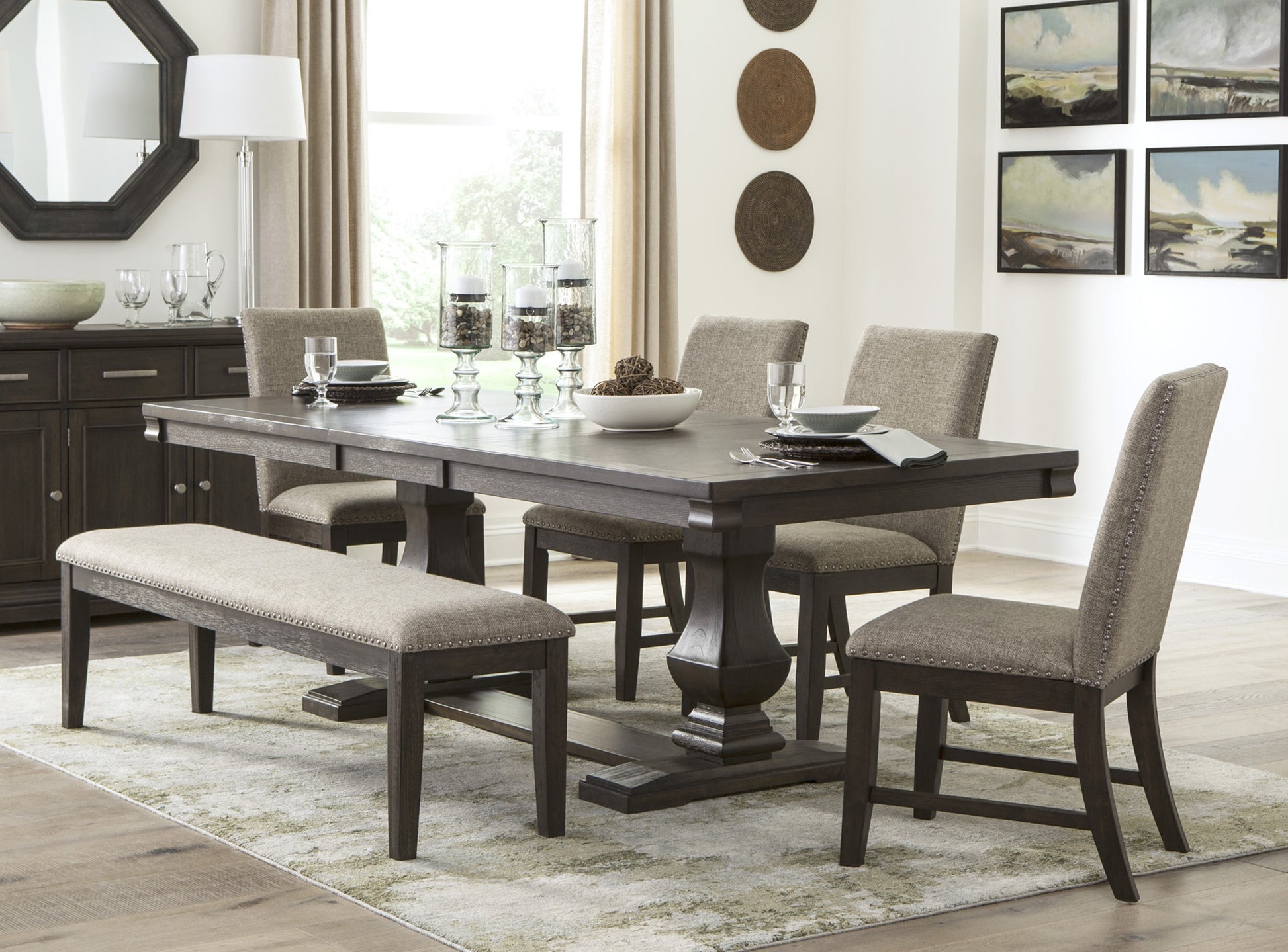 Traditional Style Wooden Dining Table 1Pc W Separate Extension Leaf Double Pedestal Base Wire Brushed Rustic Brown Finish Brown Mix Dining Room Traditional Wood