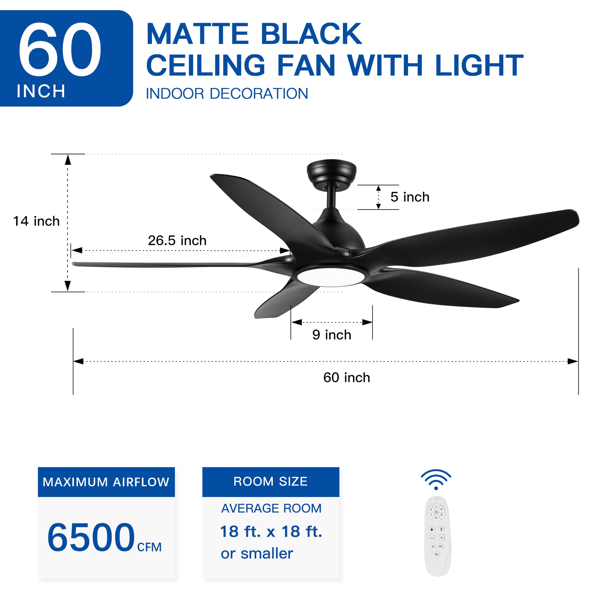 60 In Intergrated Led Ceiling Fan Lighting With Black Abs Blade Black Abs