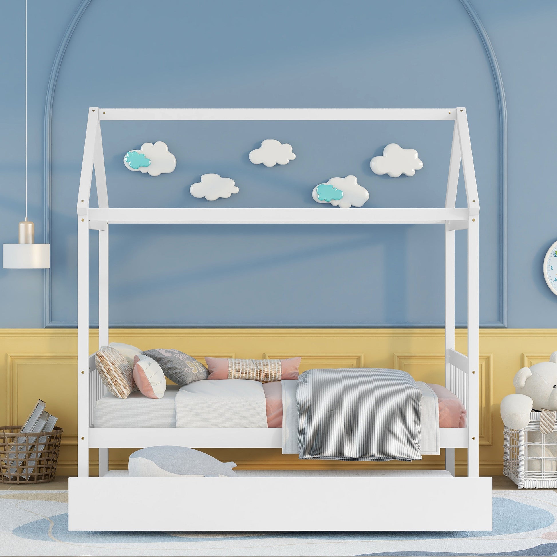 Solid Wood Twin House Bed Frame With Twin Size Trundle For White Color, No Box Spring Needed White Pine