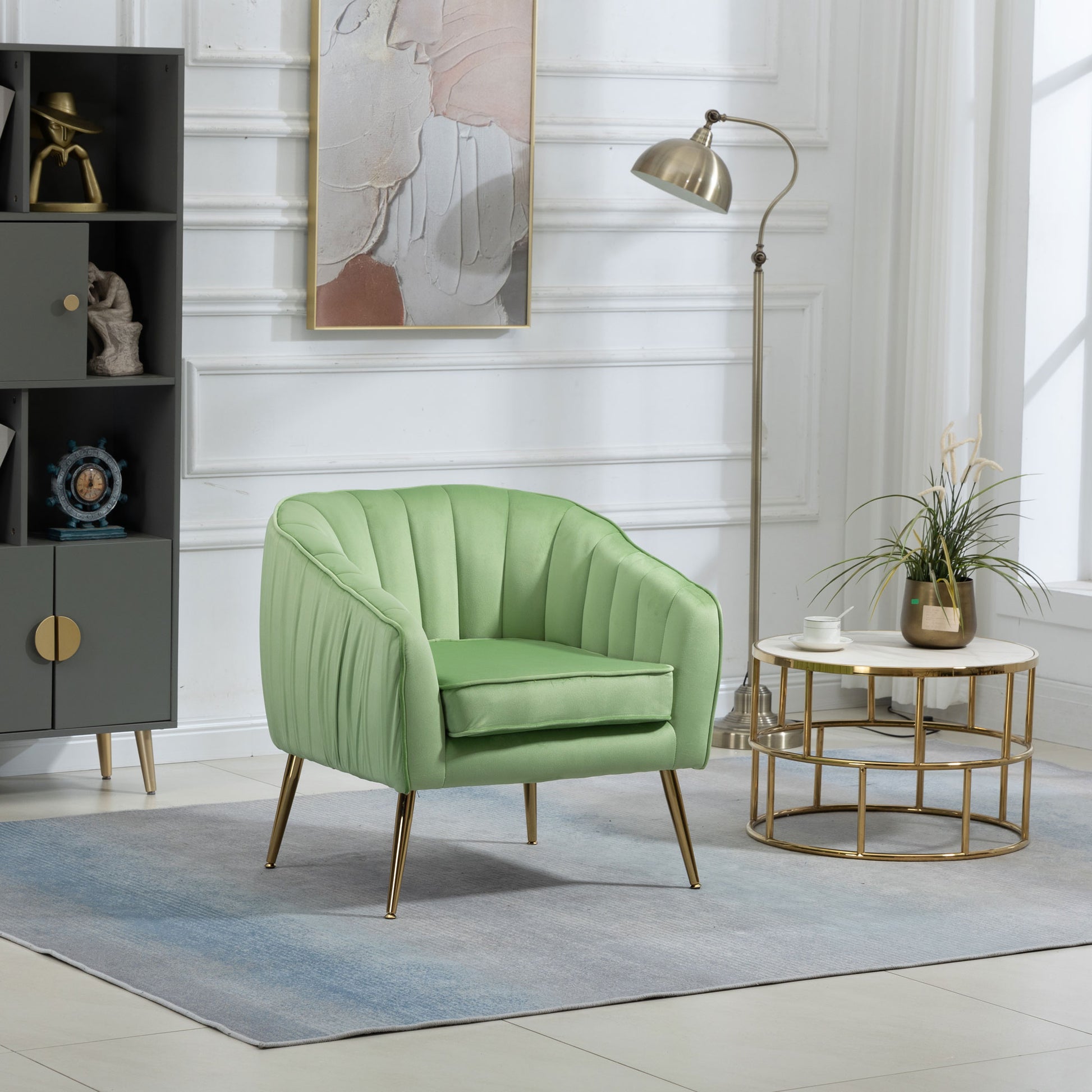 Velvet Accent Chair With Ottoman, Modern Tufted Barrel Chair Ottoman Set For Living Room Bedroom, Golden Finished, Grass Green Grass Green Foam Velvet