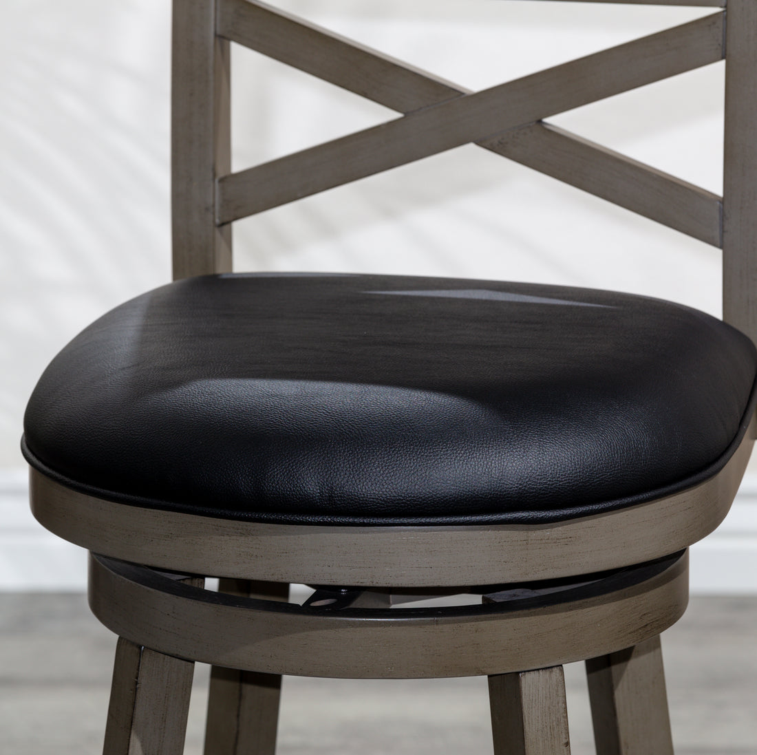 30" Bar Height X Back Swivel Stool, Weathered Gray Finish, Black Leather Seat Gray Bonded Leather