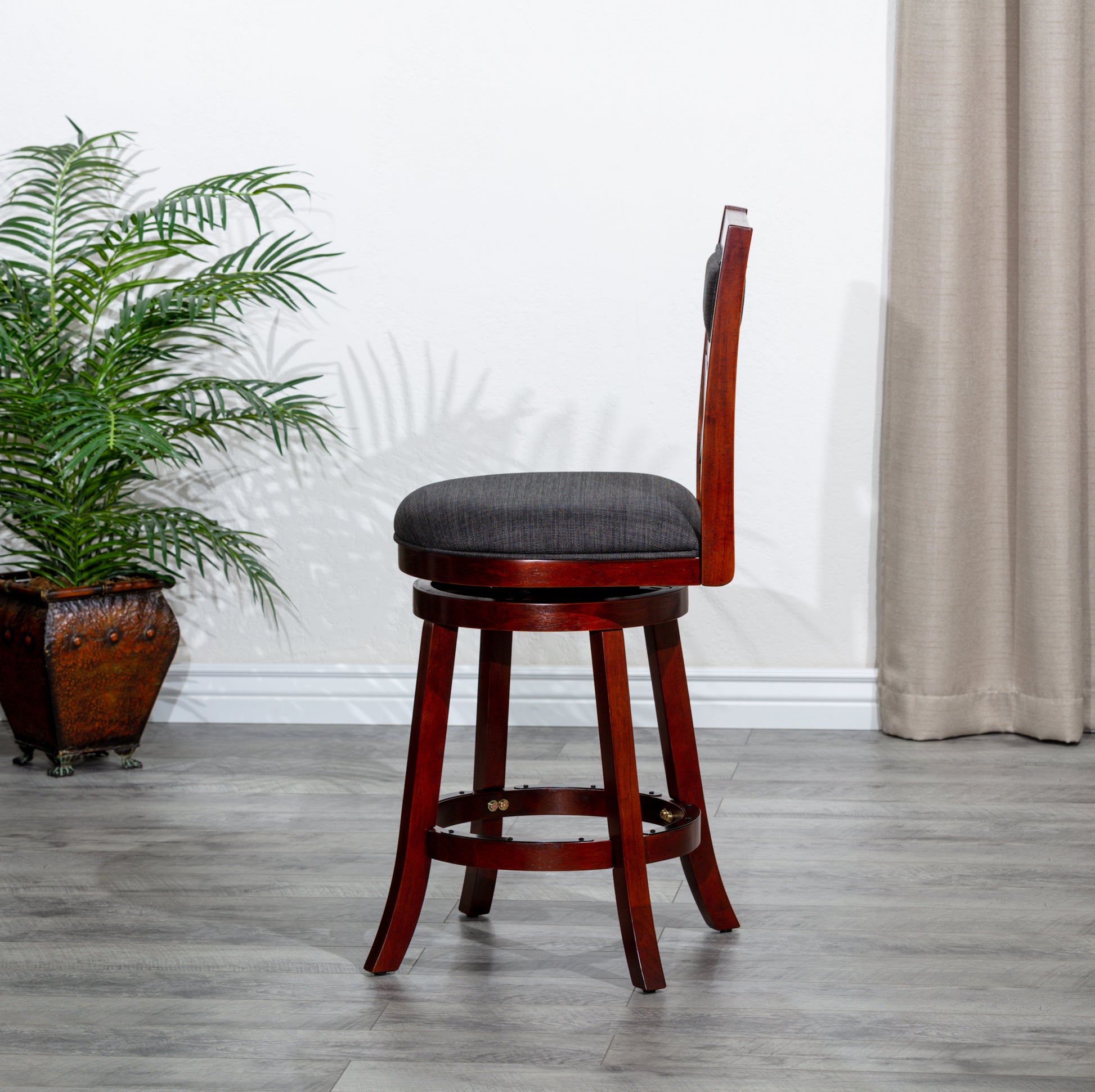 30" Bar Height X Back Swivel Stool, Stool, Cherry Finish, Charcoal Fabric Seat Cherry Fabric