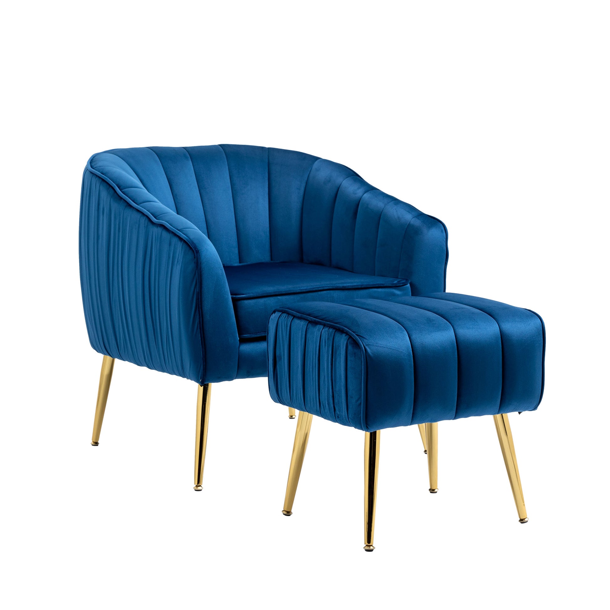 Velvet Accent Chair With Ottoman, Modern Tufted Barrel Chair Ottoman Set For Living Room Bedroom, Golden Finished, Blue Blue Foam Velvet