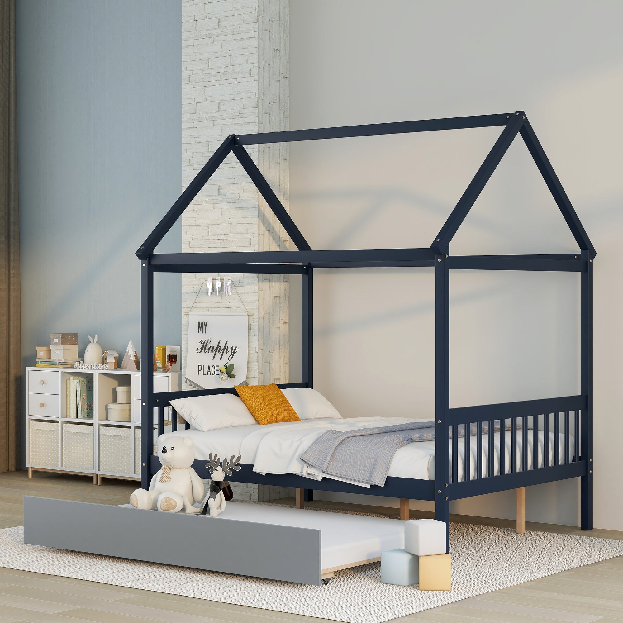 NAVY BLUE HOUSE FULL BED WITH TRUNDLE OF GREY COLOR blue-pine