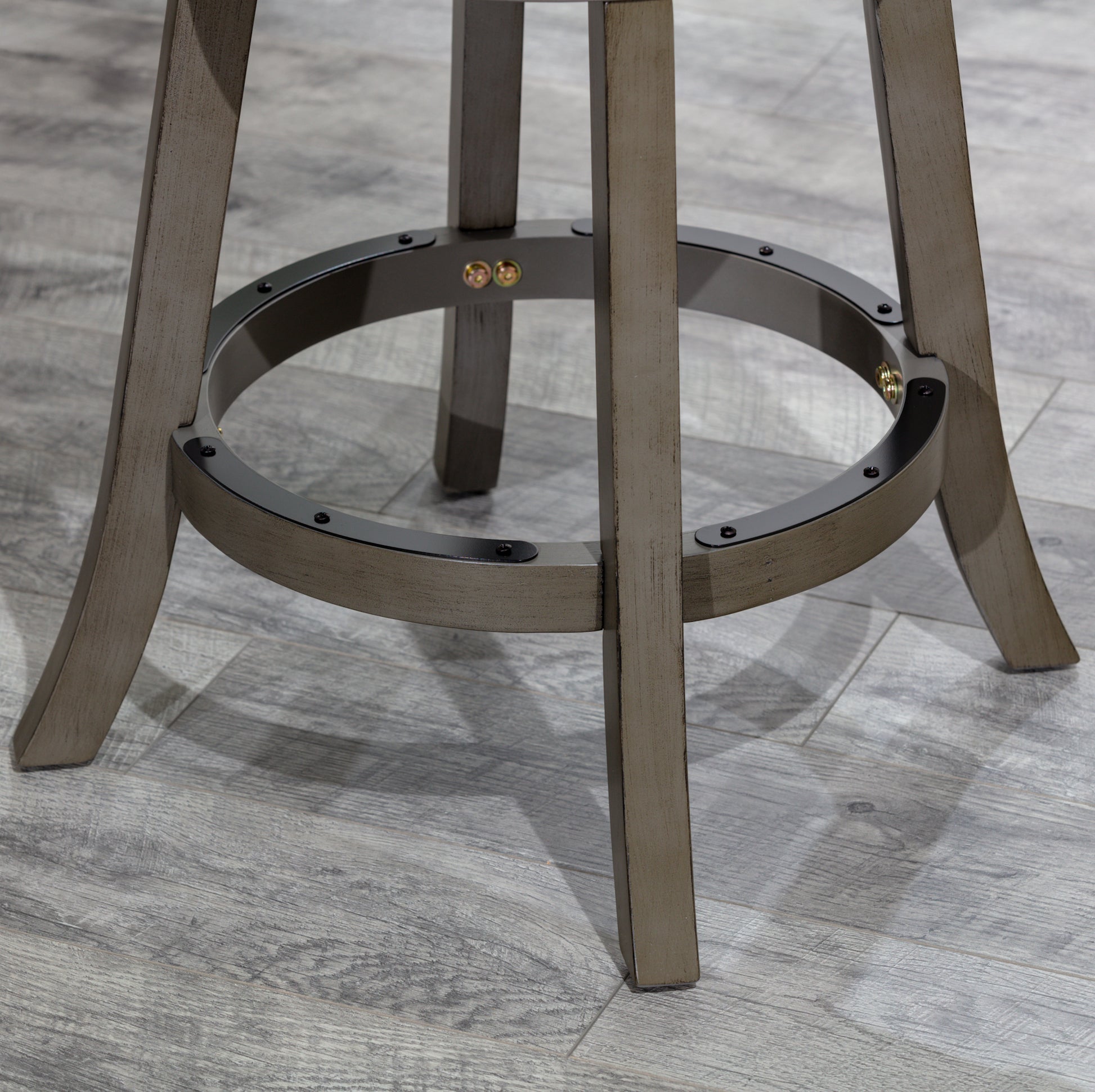 30" Bar Height X Back Swivel Stool, Weathered Gray Finish, French Gray Leather Seat Gray Bonded Leather