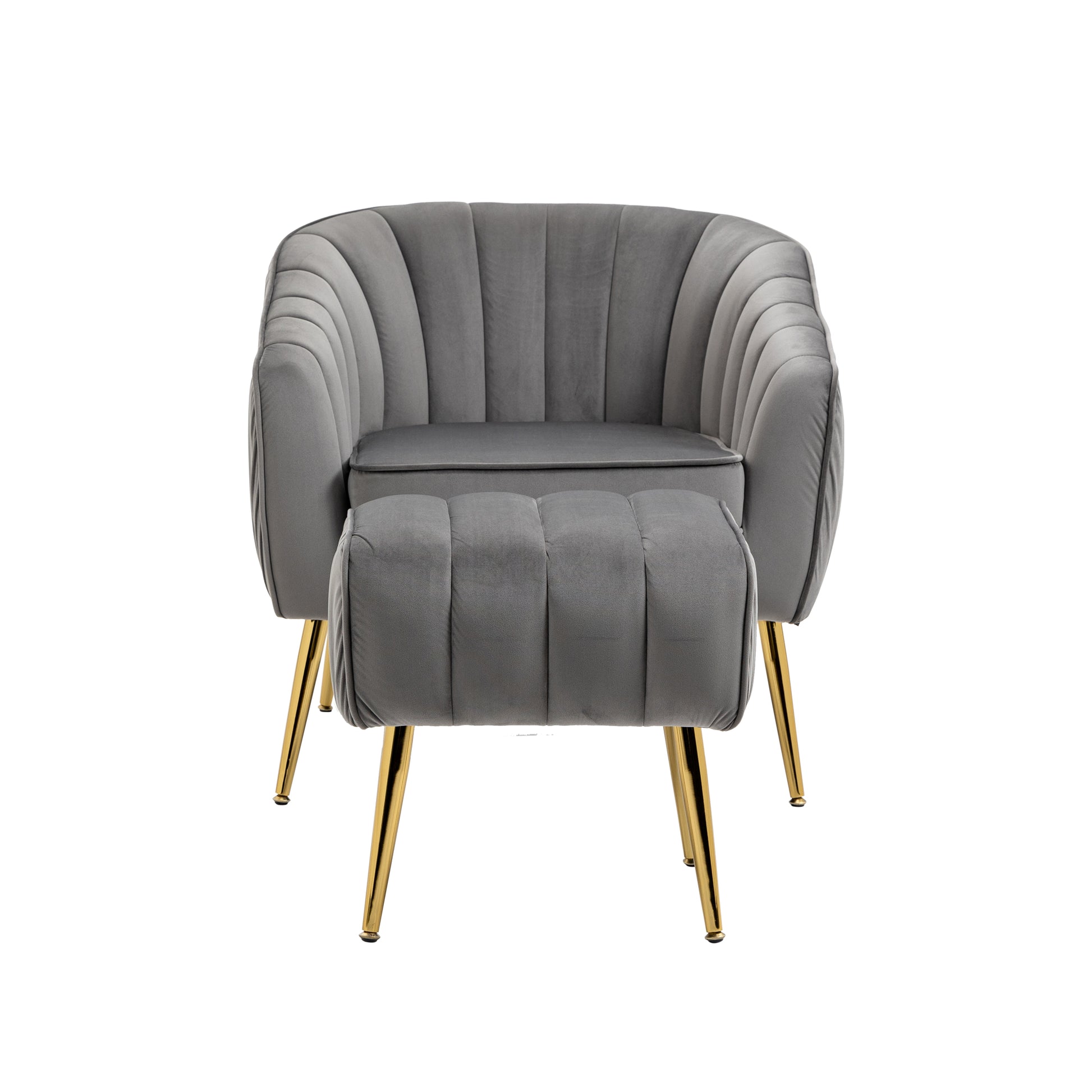 Velvet Accent Chair With Ottoman, Modern Tufted Barrel Chair Ottoman Set For Living Room Bedroom, Golden Finished, Grey Grey Foam Velvet