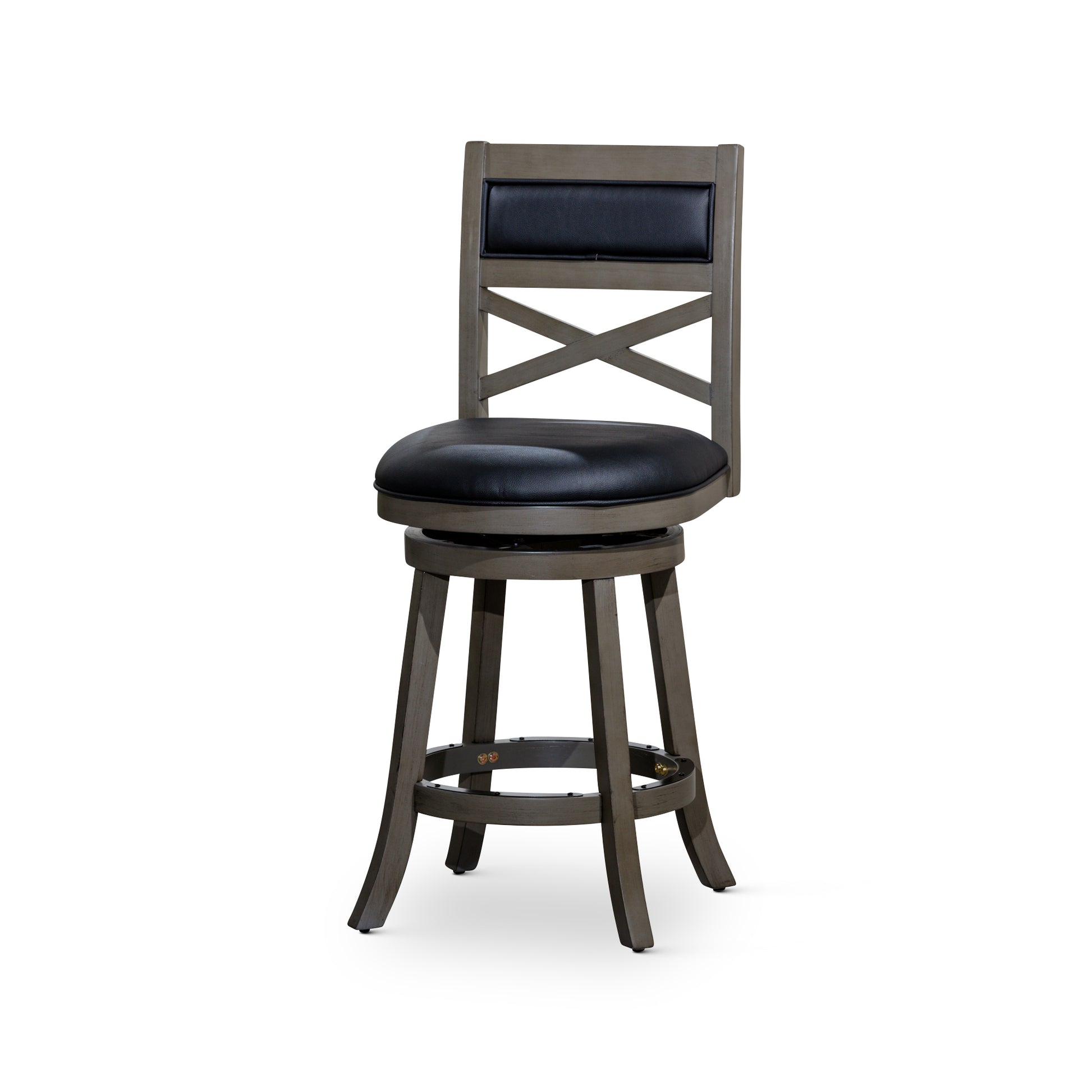 30" Bar Height X Back Swivel Stool, Weathered Gray Finish, Black Leather Seat Gray Bonded Leather