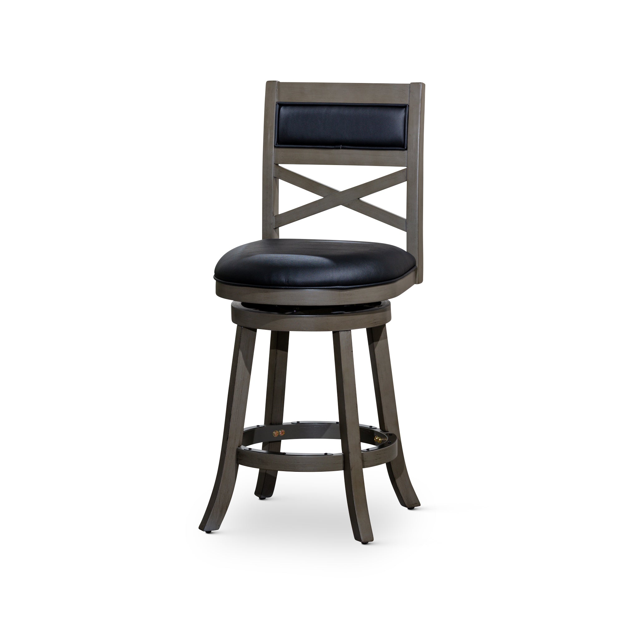 24" Counter Height X Back Swivel Stool, Weathered Gray Finish, Black Leather Seat Gray Bonded Leather