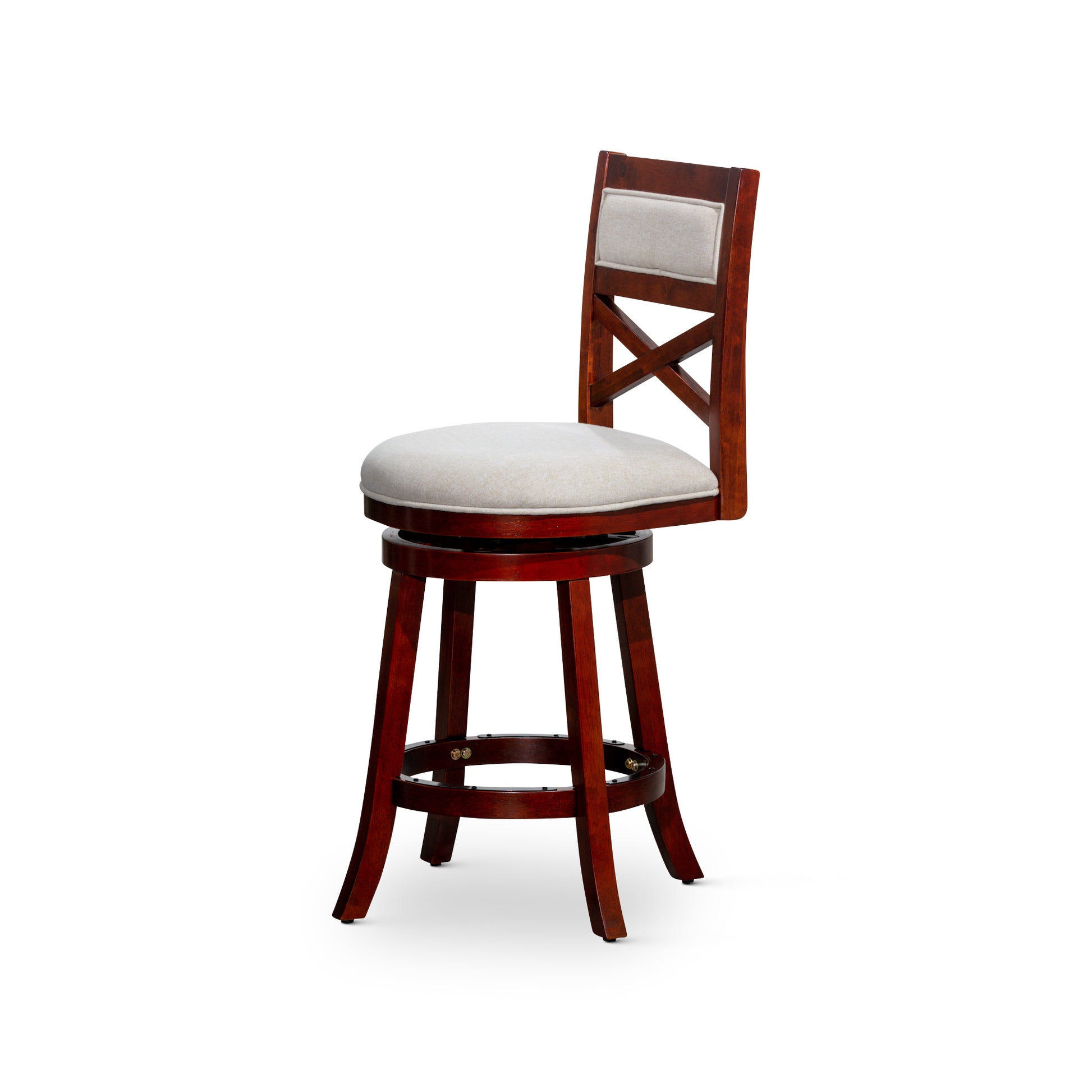 24" Counter Height X Back Swivel Stool, Cherry Finish, Beige Fabric Seat Cherry Fabric