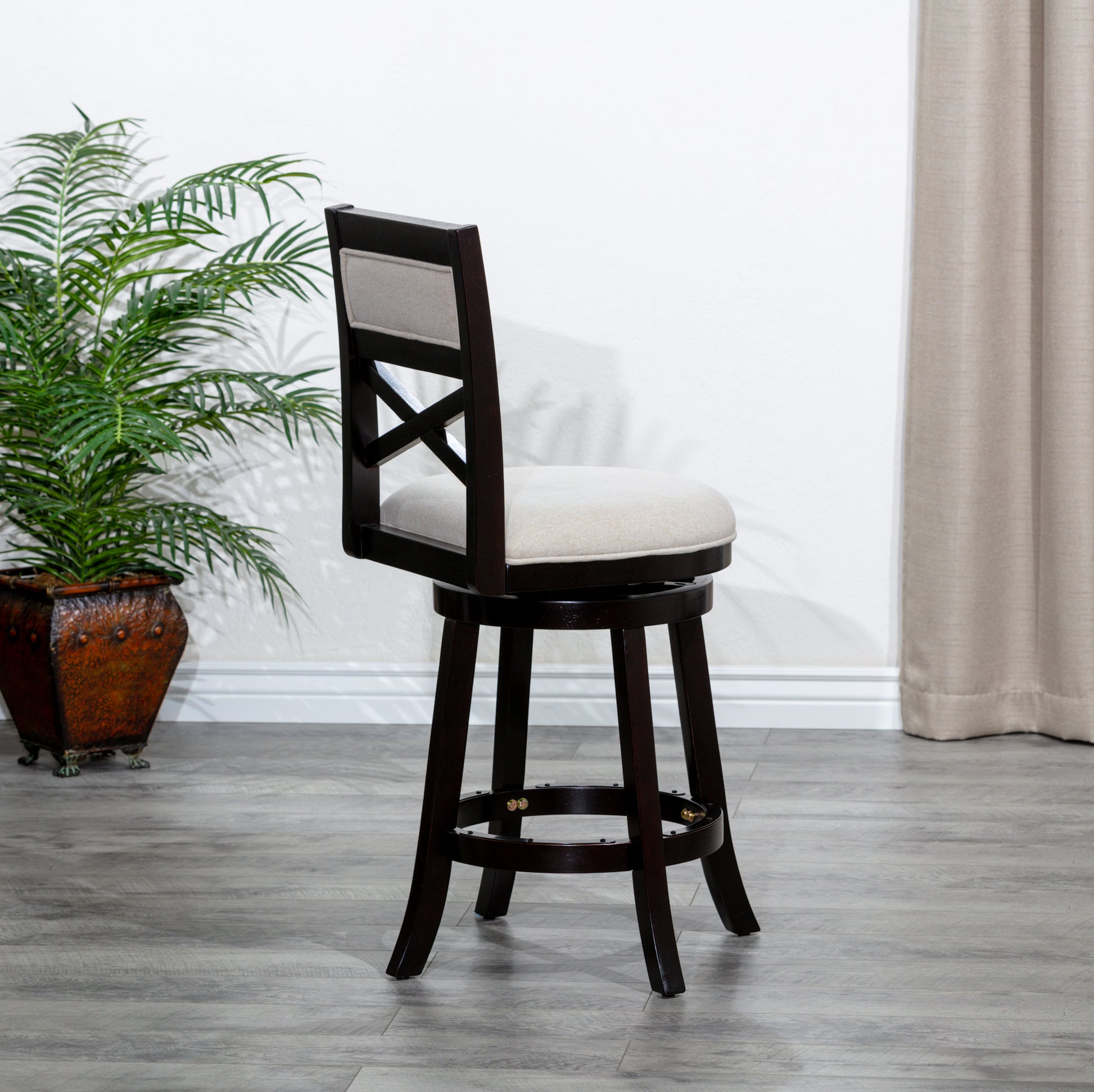 24" Counter Height X Back Swivel Stool, Espresso Finish, Beige Fabric Seat Espresso Fabric