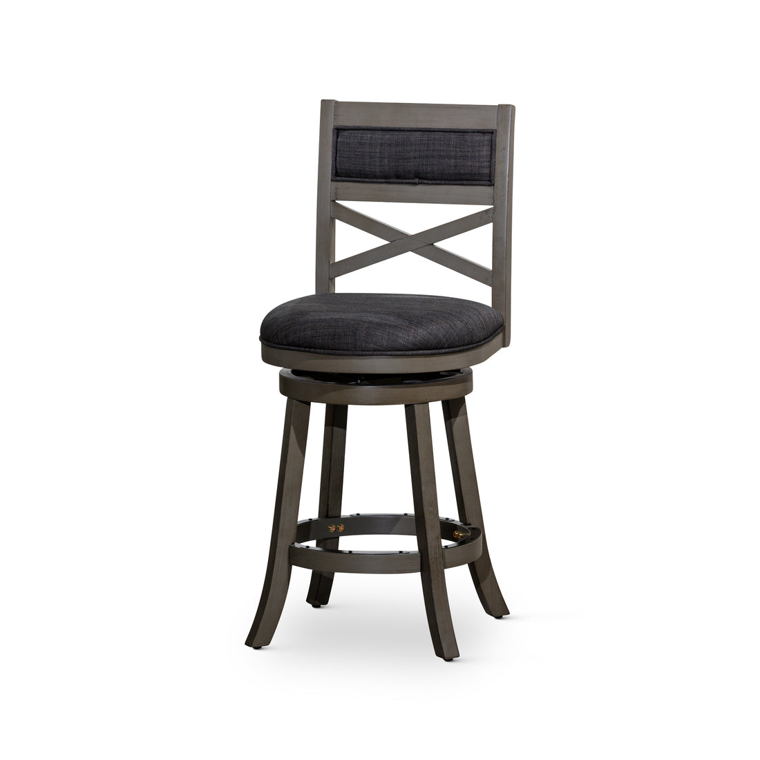24" Counter Height X Back Swivel Stool, Weathered Gray Finish, Charcoal Fabric Seat Gray Fabric