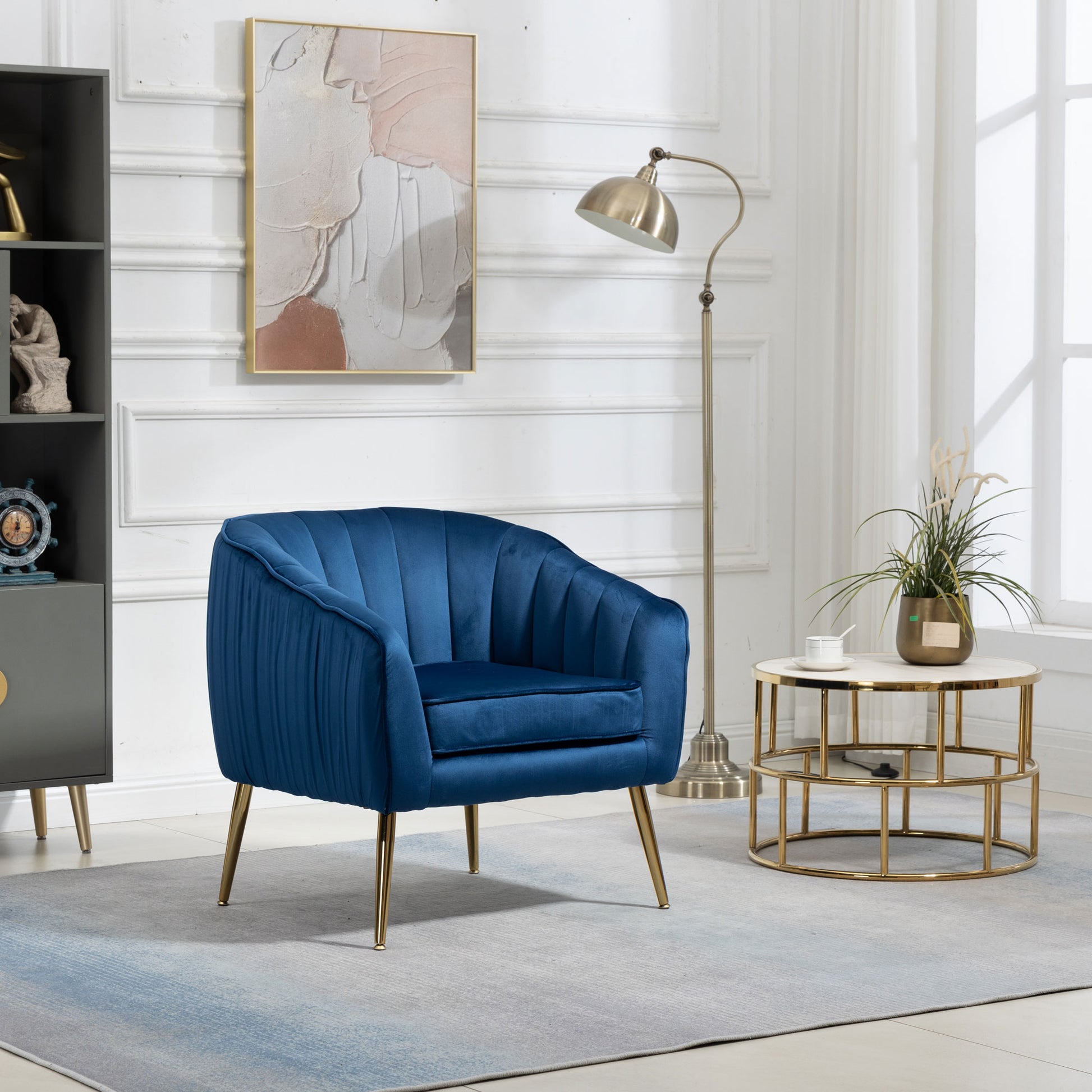 Velvet Accent Chair With Ottoman, Modern Tufted Barrel Chair Ottoman Set For Living Room Bedroom, Golden Finished, Blue Blue Foam Velvet