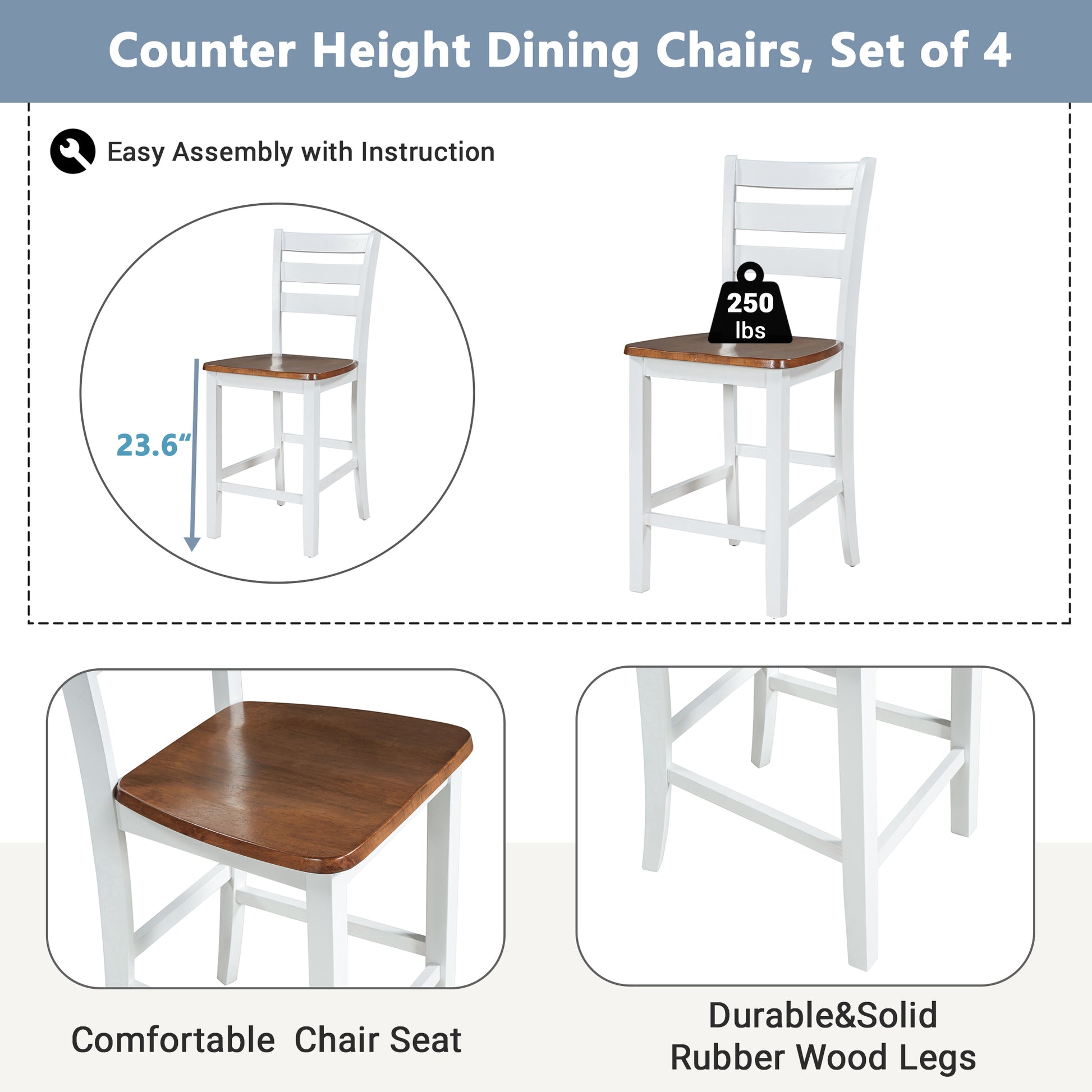 Farmhouse Wood Counter Height Dining Chair Set For Small Places, Set Of 4, Walnut White White Walnut Solid Wood