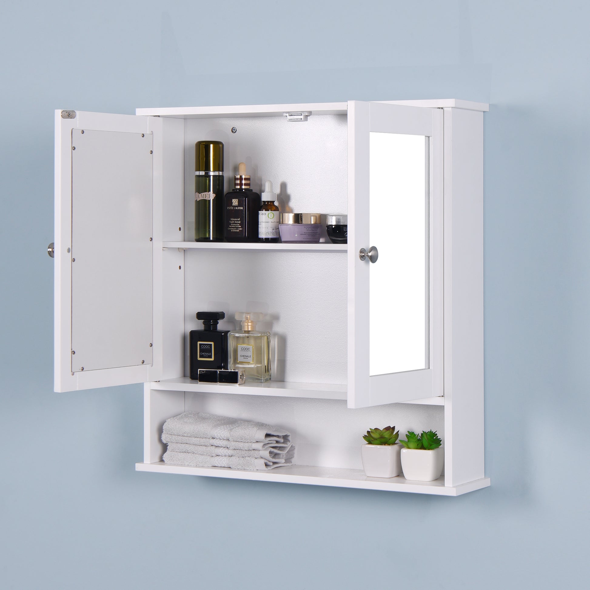 Wall Mounted Bathroom Cabinet With 2 Mirror Doors And Adjustable Shelf White Mdf