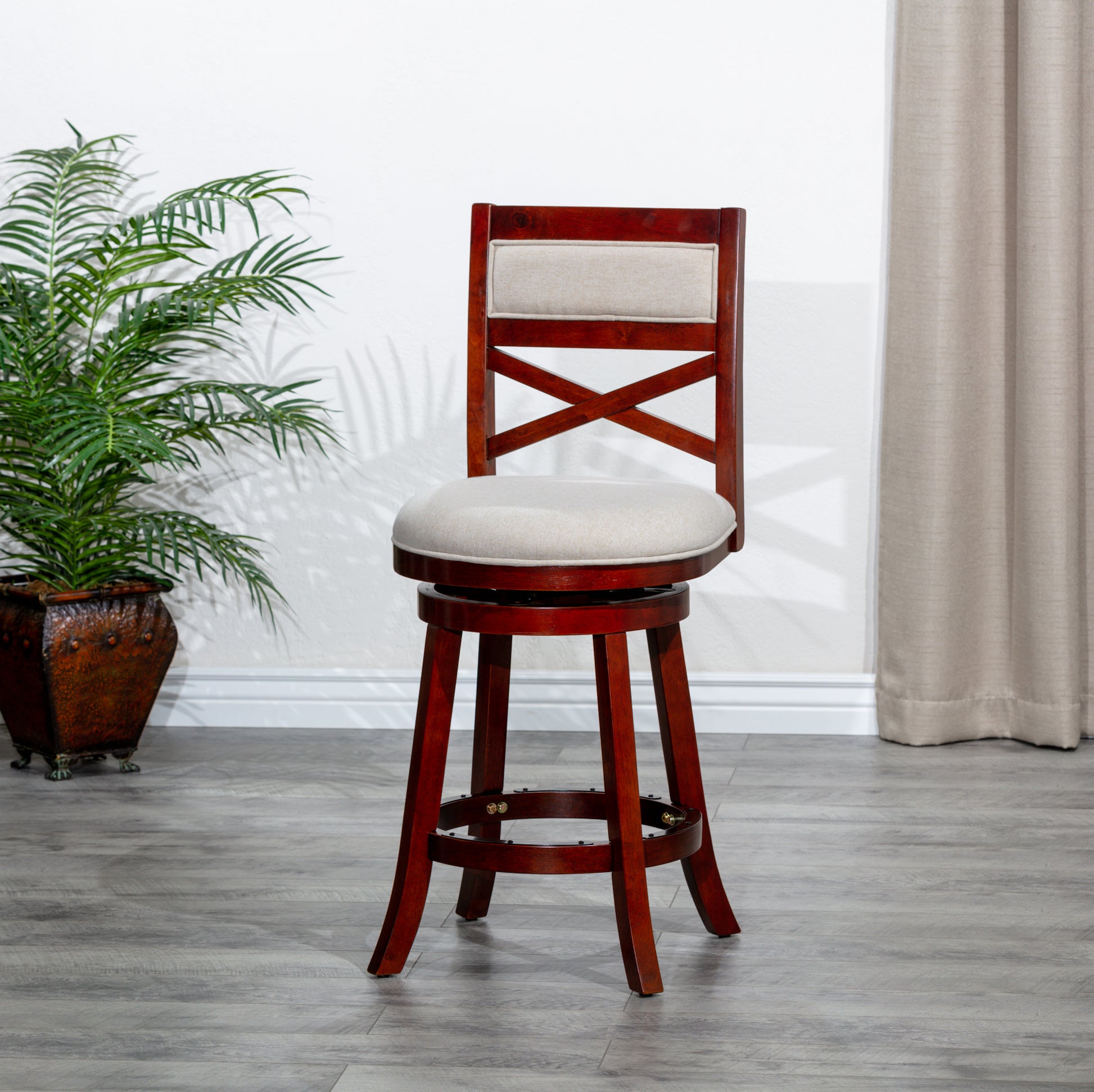 24" Counter Height X Back Swivel Stool, Cherry Finish, Beige Fabric Seat Cherry Fabric