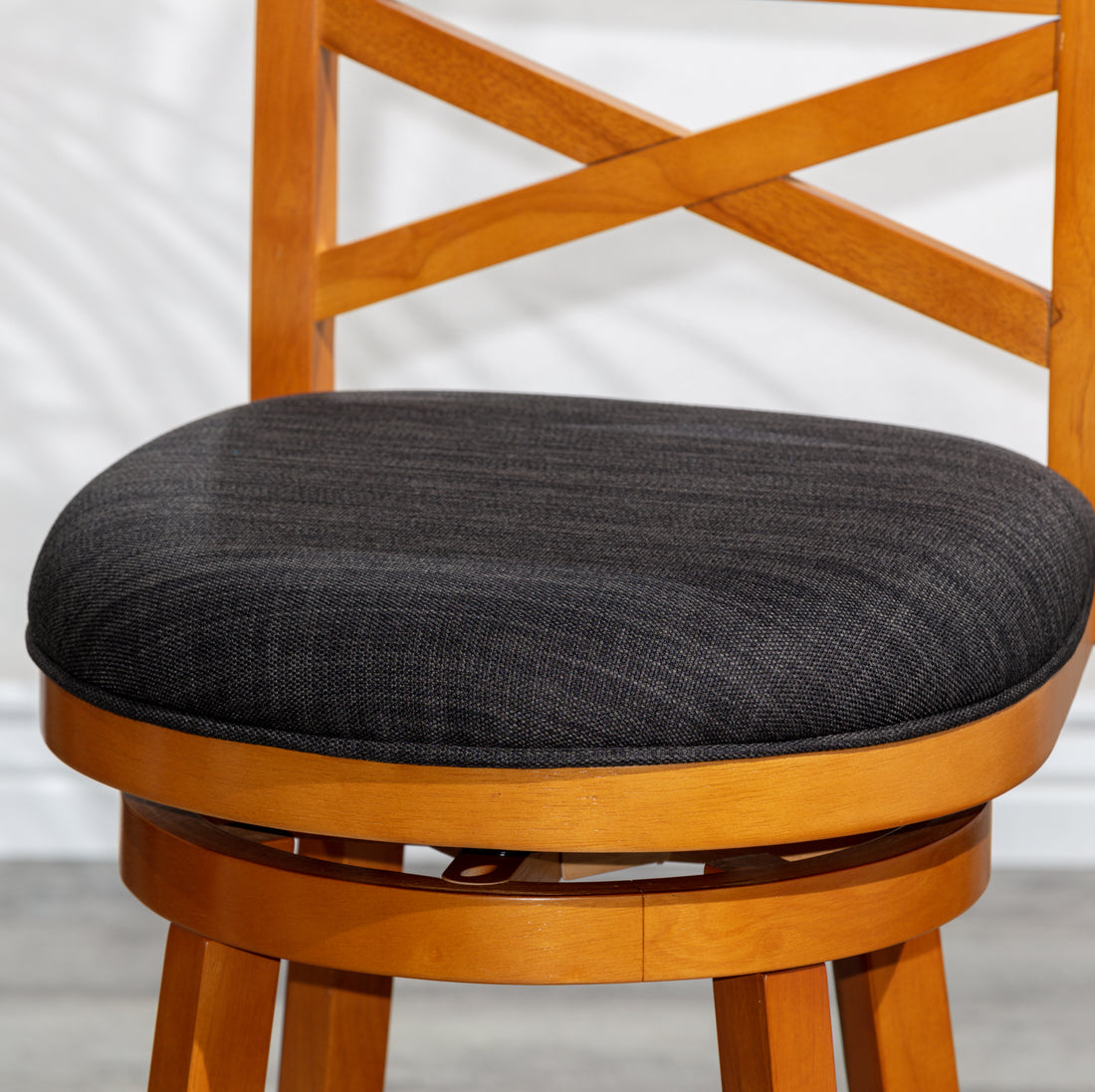 30" Bar Height X Back Swivel Stool, Natural Finish, Charcoal Fabric Seat Natural Fabric