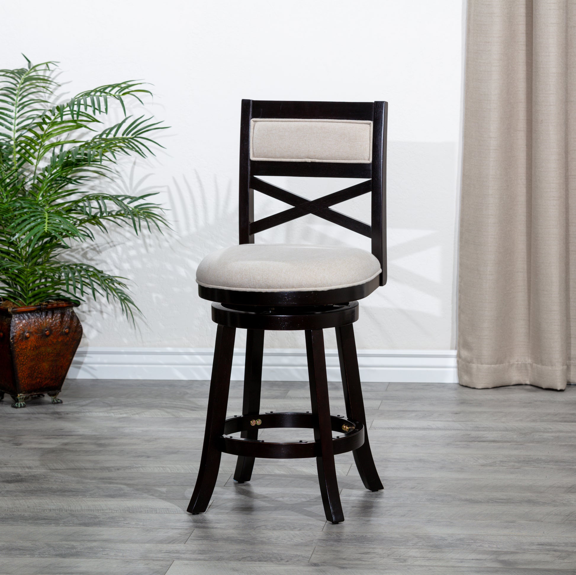 24" Counter Height X Back Swivel Stool, Espresso Finish, Beige Fabric Seat Espresso Fabric