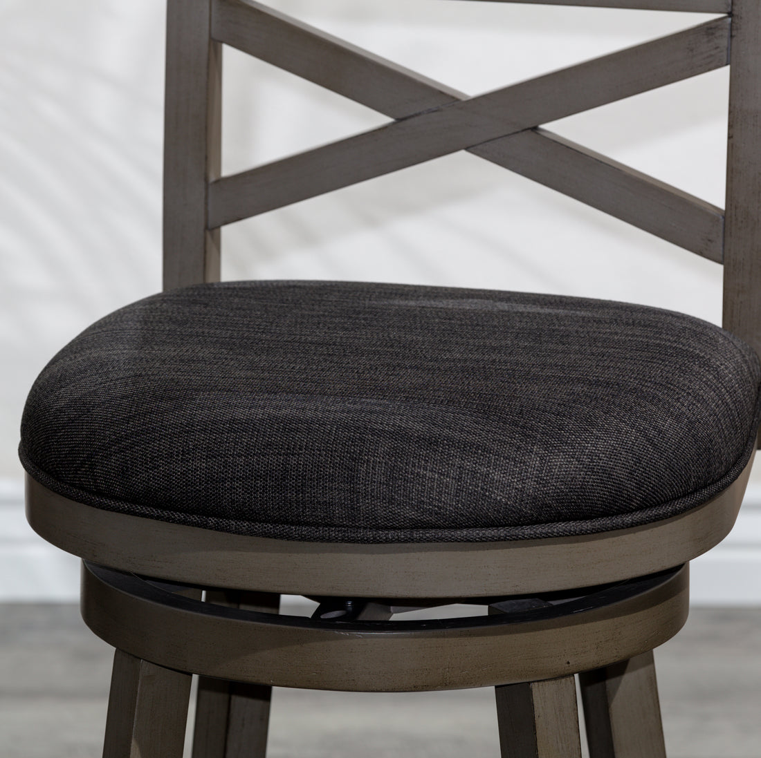24" Counter Height X Back Swivel Stool, Weathered Gray Finish, Charcoal Fabric Seat Gray Fabric