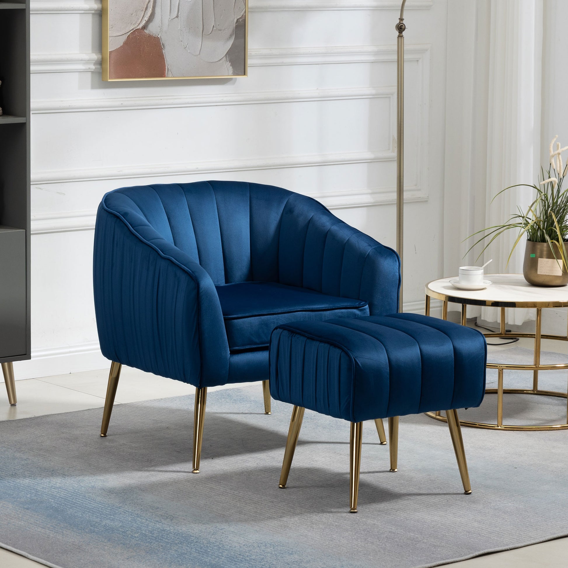 Velvet Accent Chair With Ottoman, Modern Tufted Barrel Chair Ottoman Set For Living Room Bedroom, Golden Finished, Blue Blue Foam Velvet