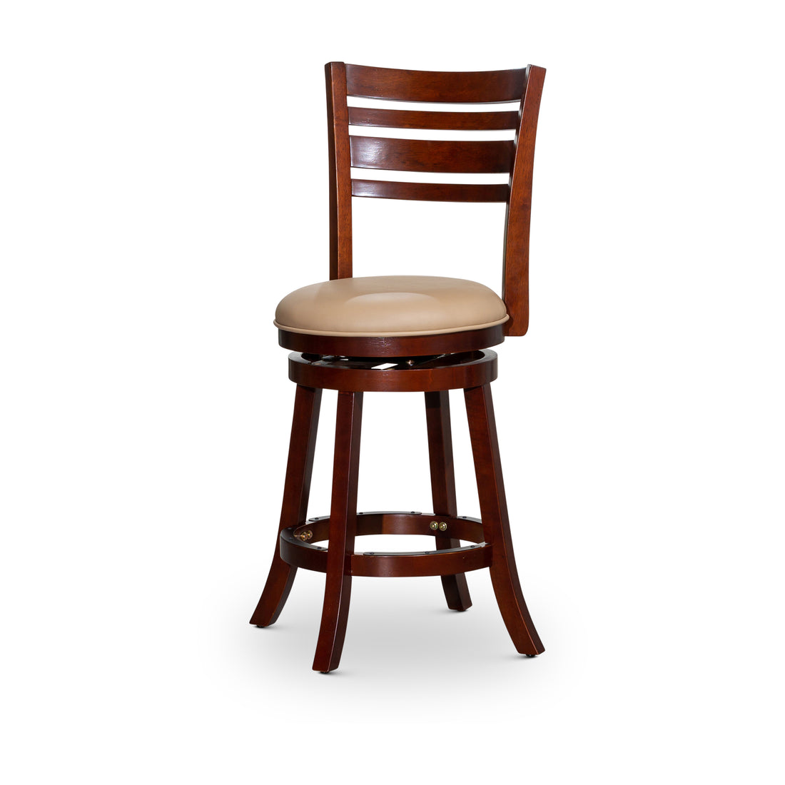 24" Counter Height Slat Back Swivel Stool, Cherry Finish, Bone Leather Seat Cherry Bonded Leather