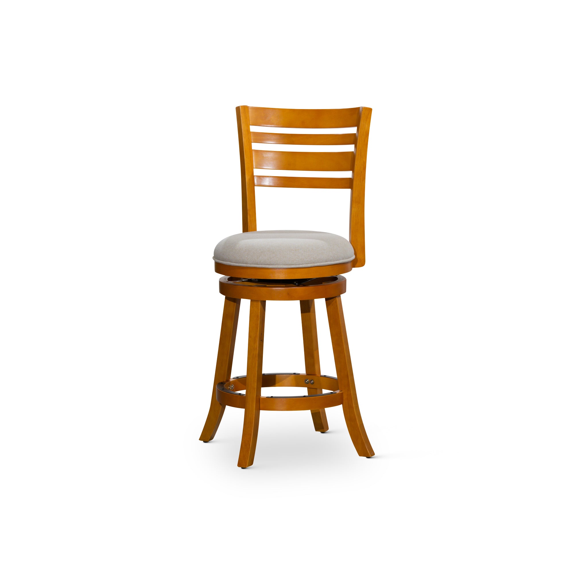 24" Counter Height Slat Back Swivel Stool, Natural Finish, Beige Fabric Seat Natural Fabric