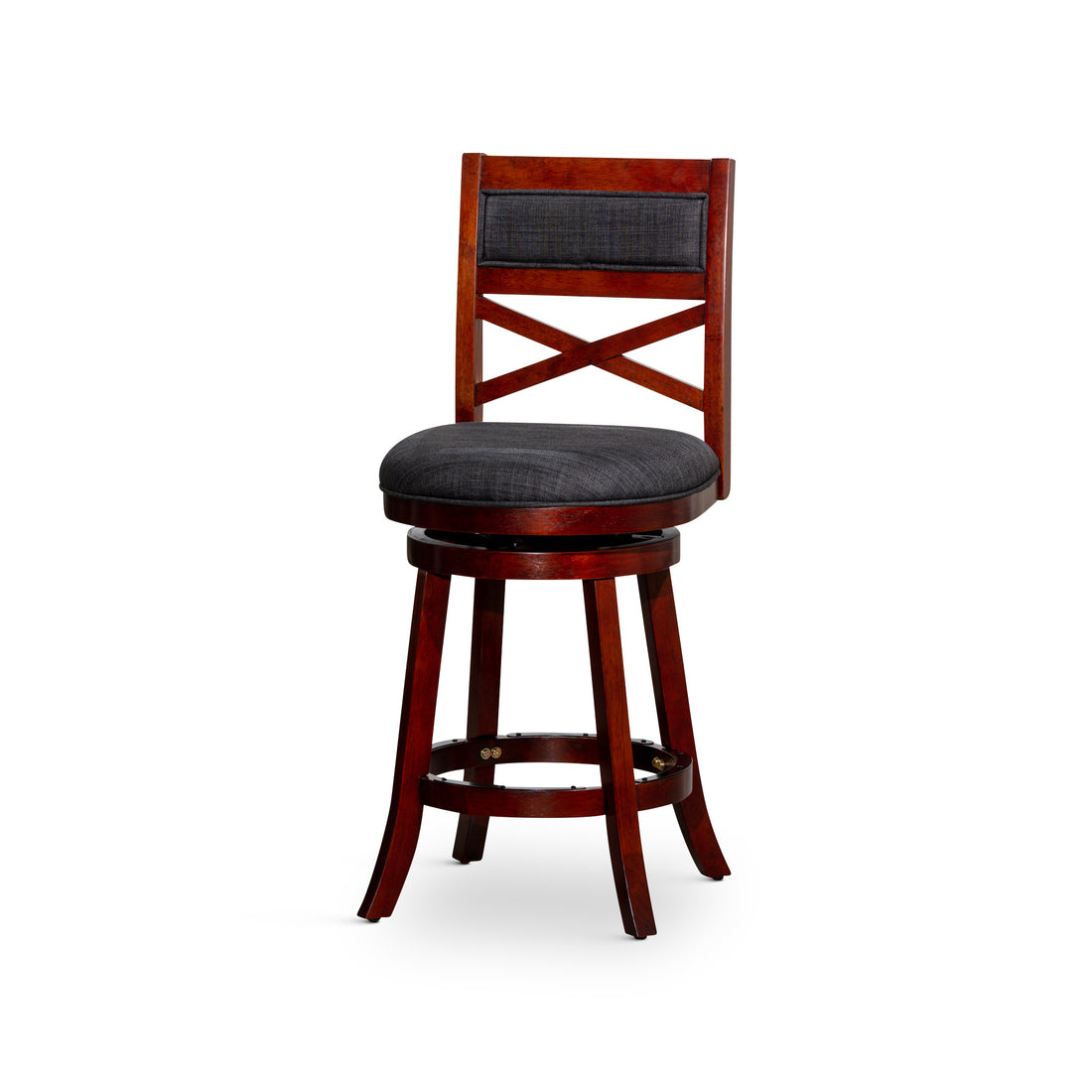 30" Bar Height X Back Swivel Stool, Stool, Cherry Finish, Charcoal Fabric Seat Cherry Fabric