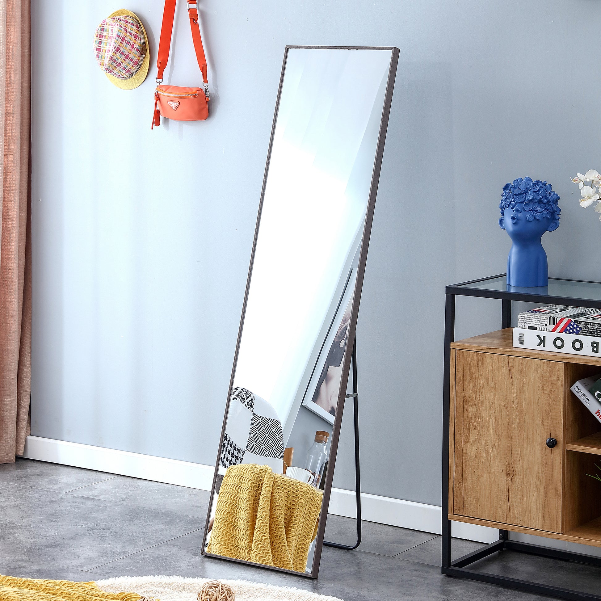 3Rd Generation Gray Solid Wood Frame Full Length Mirror, Dressing Mirror, Bedroom Porch, Decorative Mirror, Clothing Store, Floor Mounted Large Mirror, Wall Mounted. 58 "* 15" Gray Glass