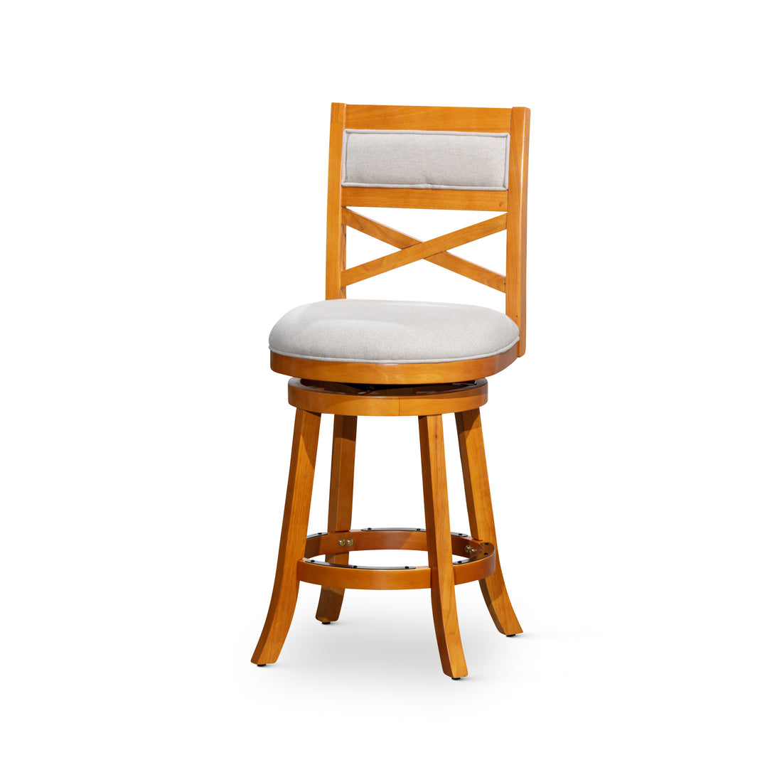 30" Bar Height X Back Swivel Stool, Natural Finish, Beige Fabric Seat Natural Fabric