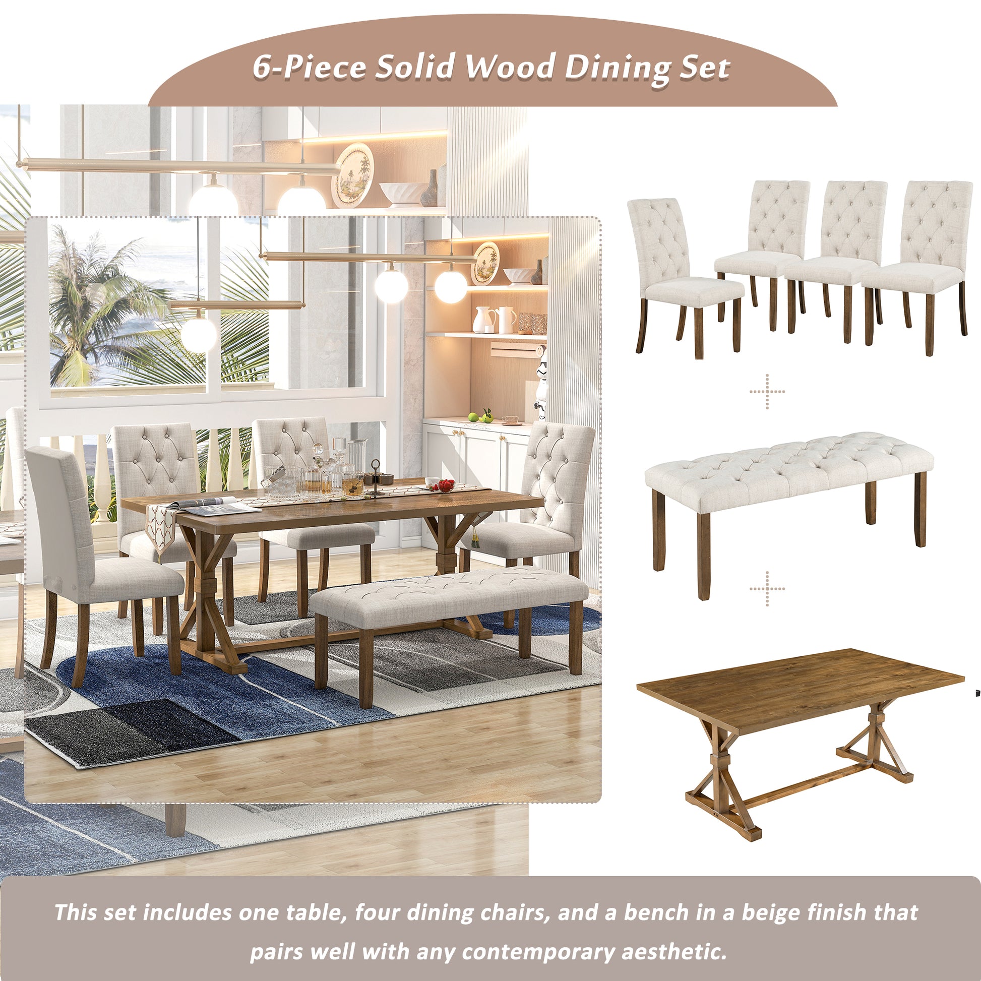 6 Piece Farmhouse Dining Table Set 72" Wood Rectangular Table, 4 Upholstered Chairs With Bench Walnut Walnut Solid Wood