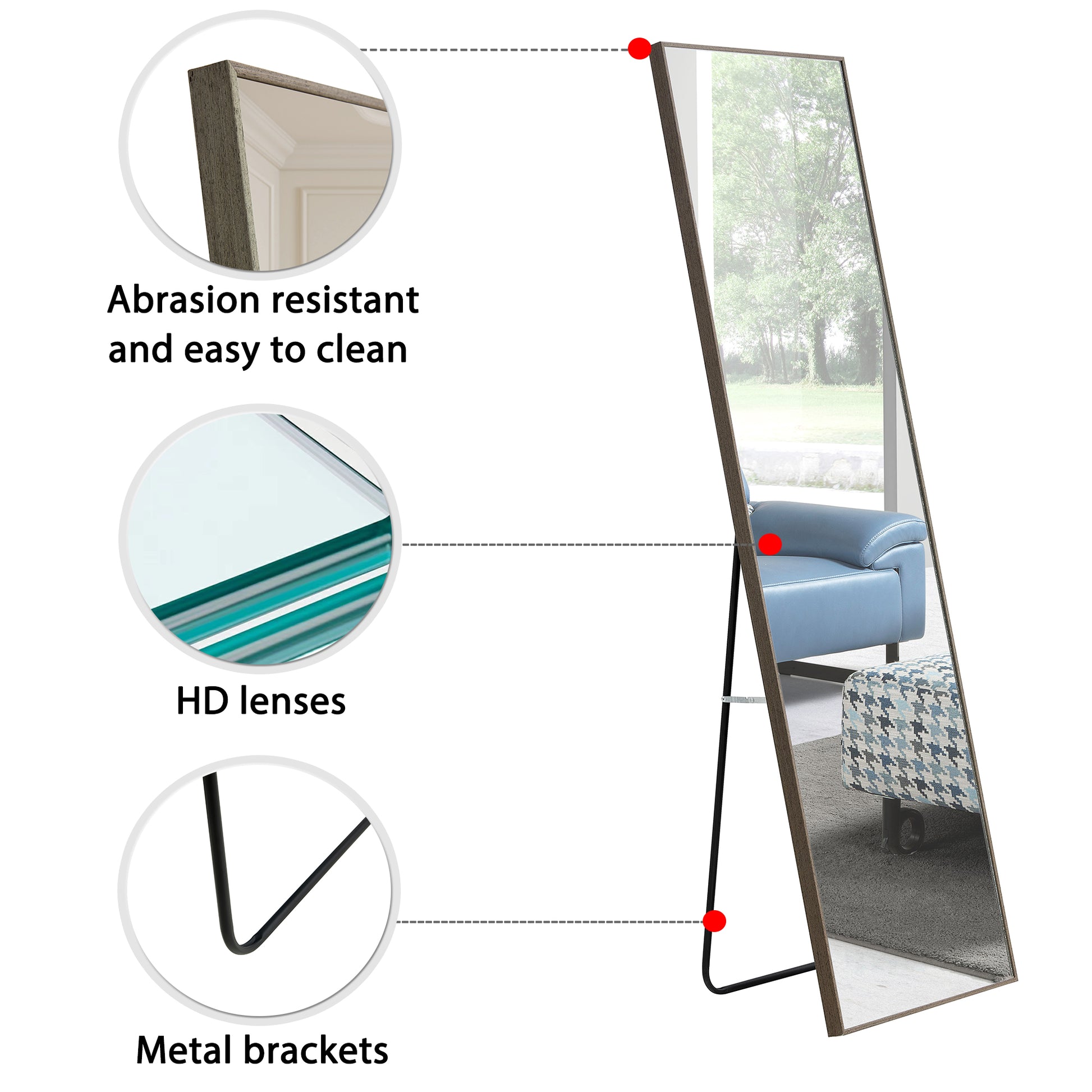 4 Rd Generation Gray Solid Wood Frame Full Length Mirror, Dressing Mirror, Bedroom Porch, Decorative Mirror, Clothing Store, Floor Standing Large Mirror, Wall Mounted.60"*17" Gray Glass