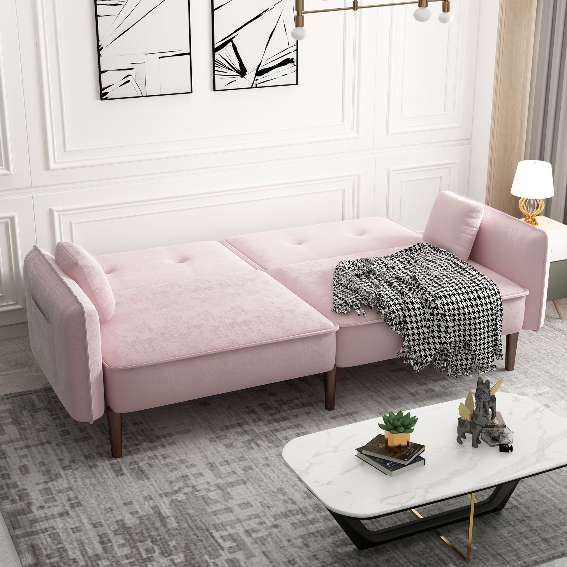 Convertible Sofa Bed With Wood Legs In Velvet Pink Pink Foam Velvet