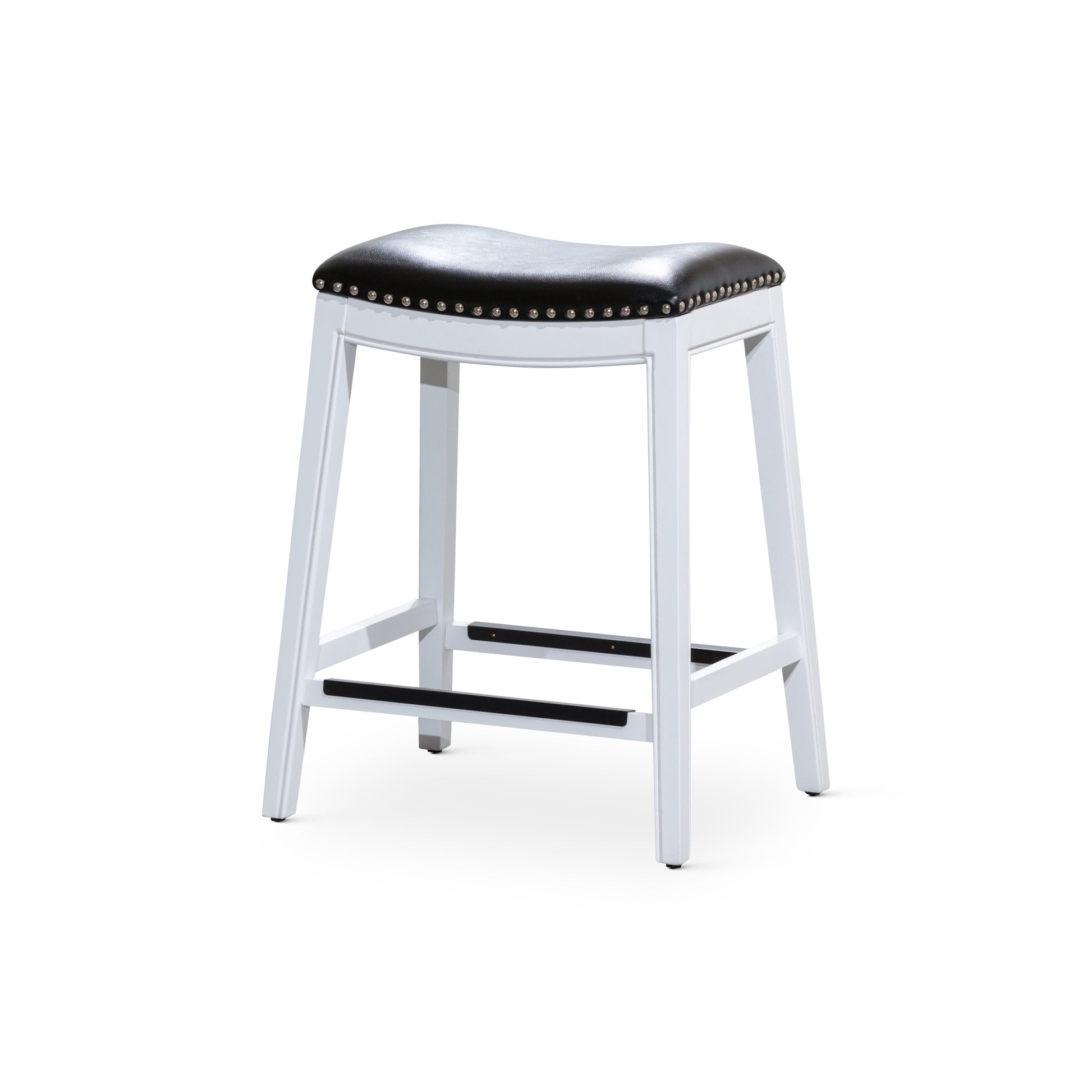 30" Bar Stool, White Finish, Black Leather Seat White Bonded Leather