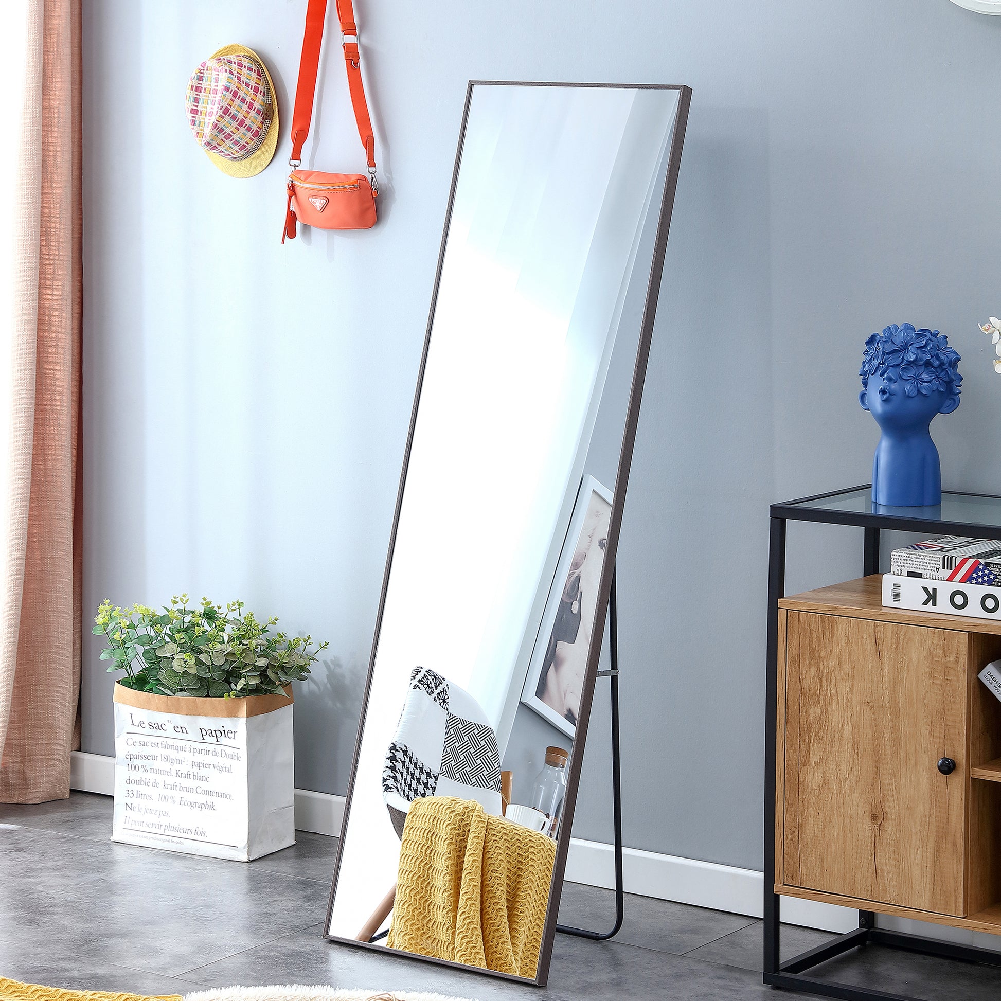 4 Rd Generation Gray Solid Wood Frame Full Length Mirror, Dressing Mirror, Bedroom Porch, Decorative Mirror, Clothing Store, Floor Standing Large Mirror, Wall Mounted.60"*17" Gray Glass