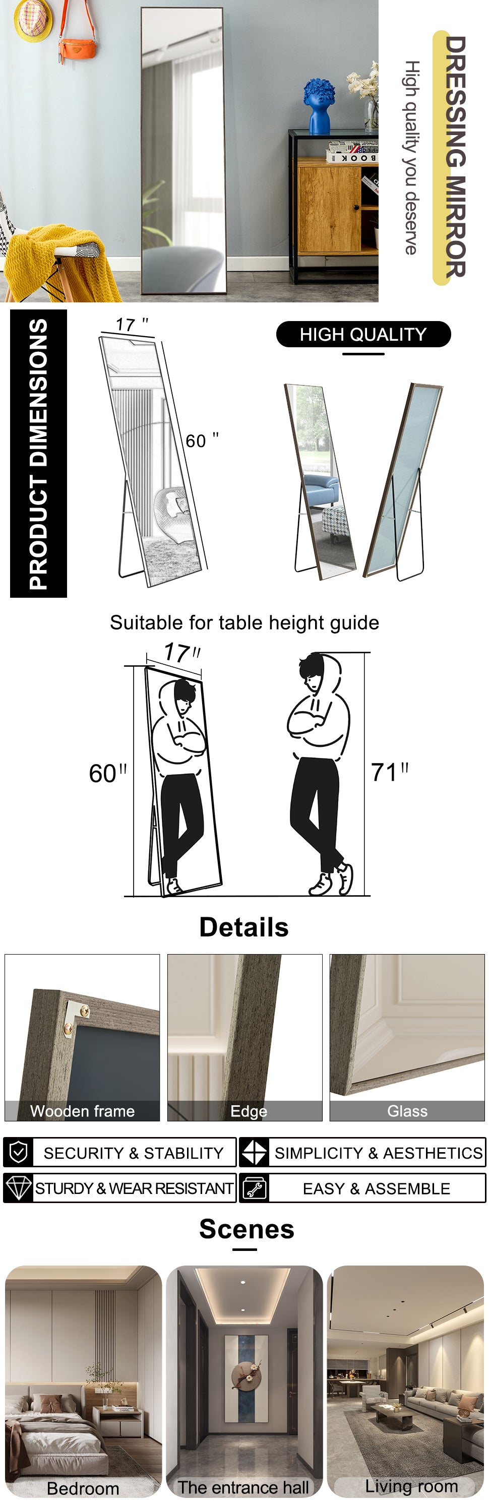 4 Rd Generation Gray Solid Wood Frame Full Length Mirror, Dressing Mirror, Bedroom Porch, Decorative Mirror, Clothing Store, Floor Standing Large Mirror, Wall Mounted.60"*17" Gray Glass