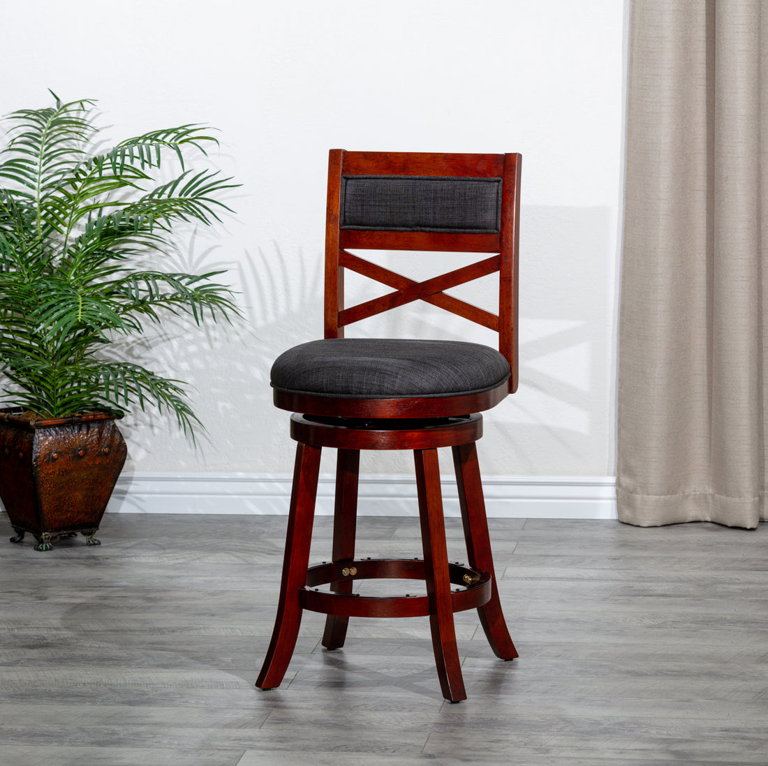 30" Bar Height X Back Swivel Stool, Stool, Cherry Finish, Charcoal Fabric Seat Cherry Fabric