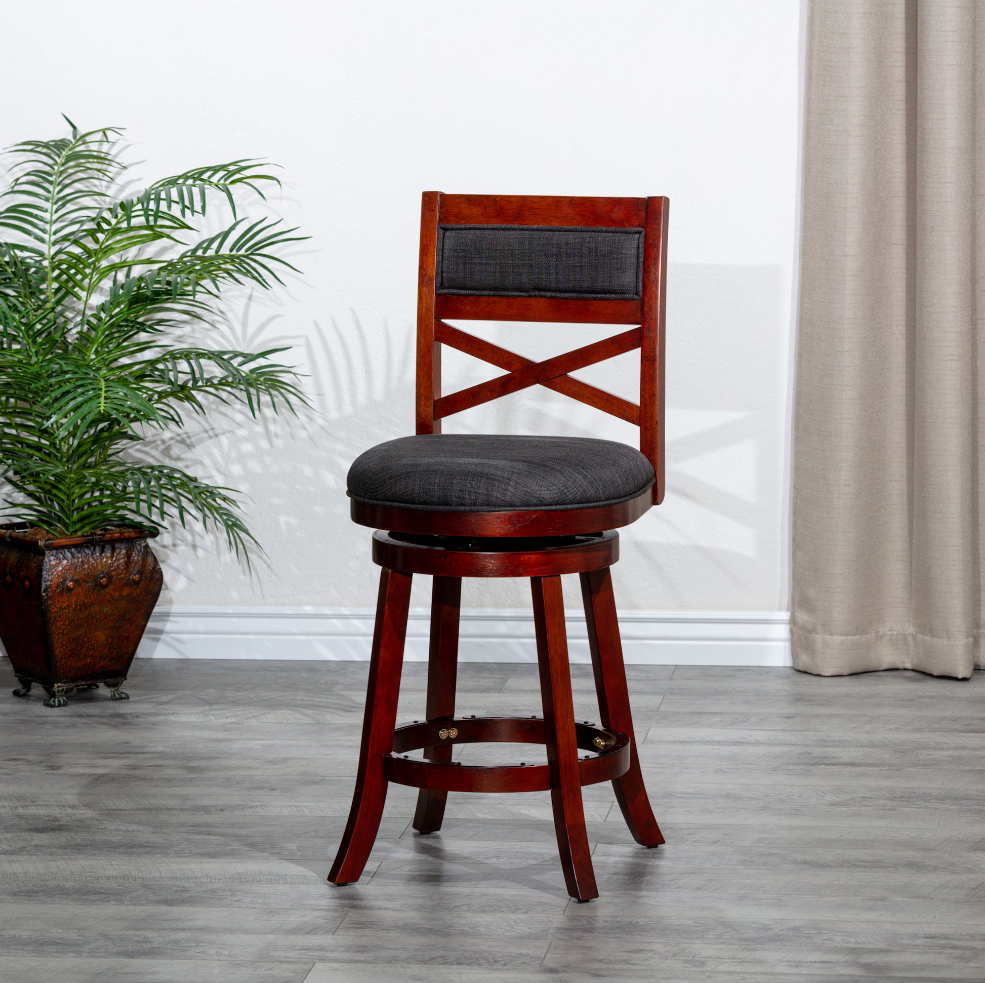 24" Counter Height X Back Swivel Stool, Cherry Finish, Charcoal Fabric Seat Cherry Fabric