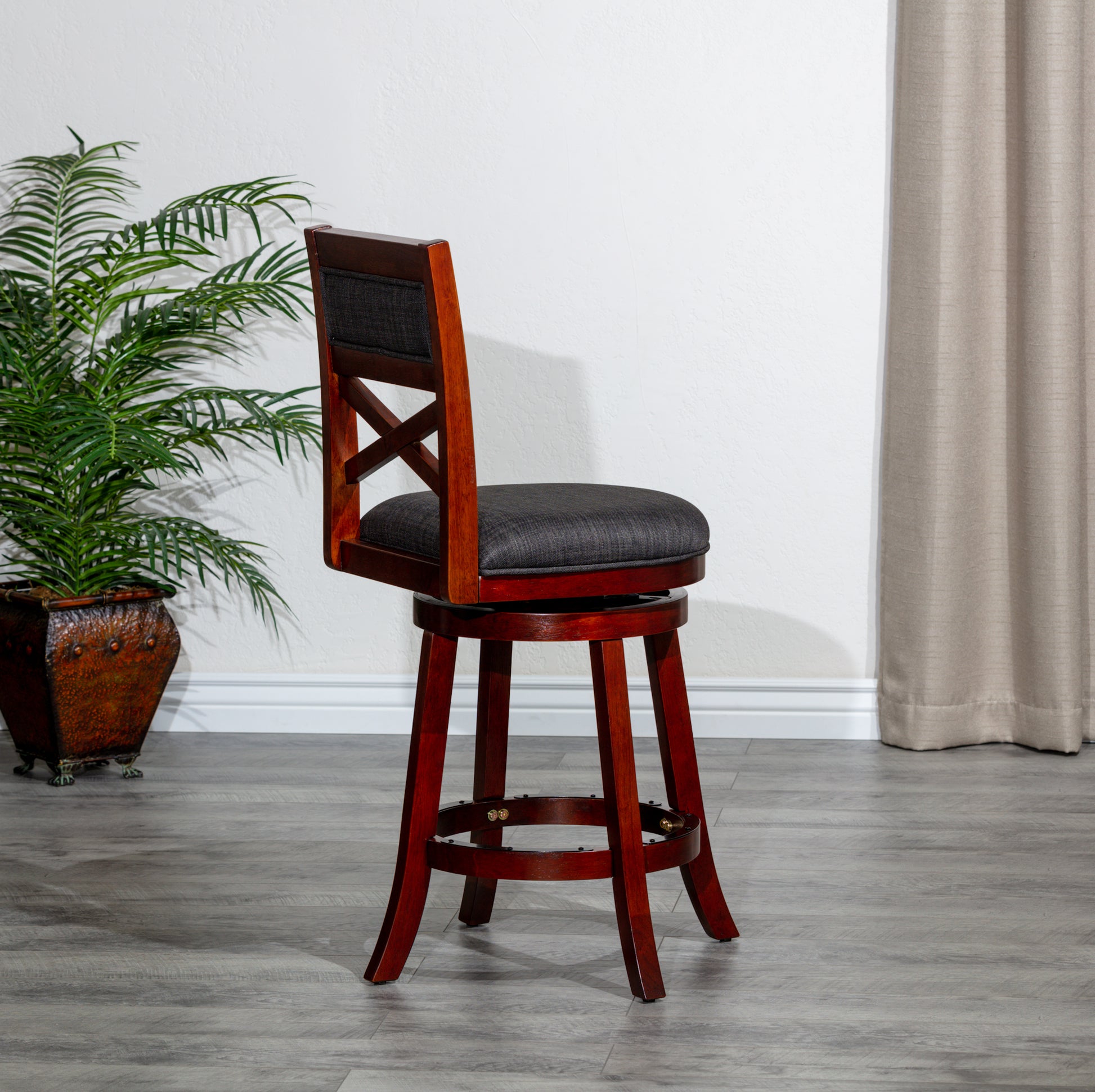 30" Bar Height X Back Swivel Stool, Stool, Cherry Finish, Charcoal Fabric Seat Cherry Fabric