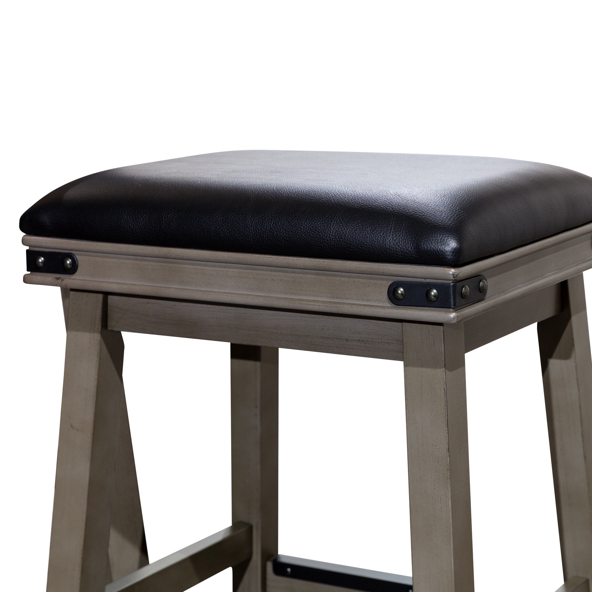 30" Bar Stool, Weathered Gray Finish, Black Leather Seat Gray Bonded Leather