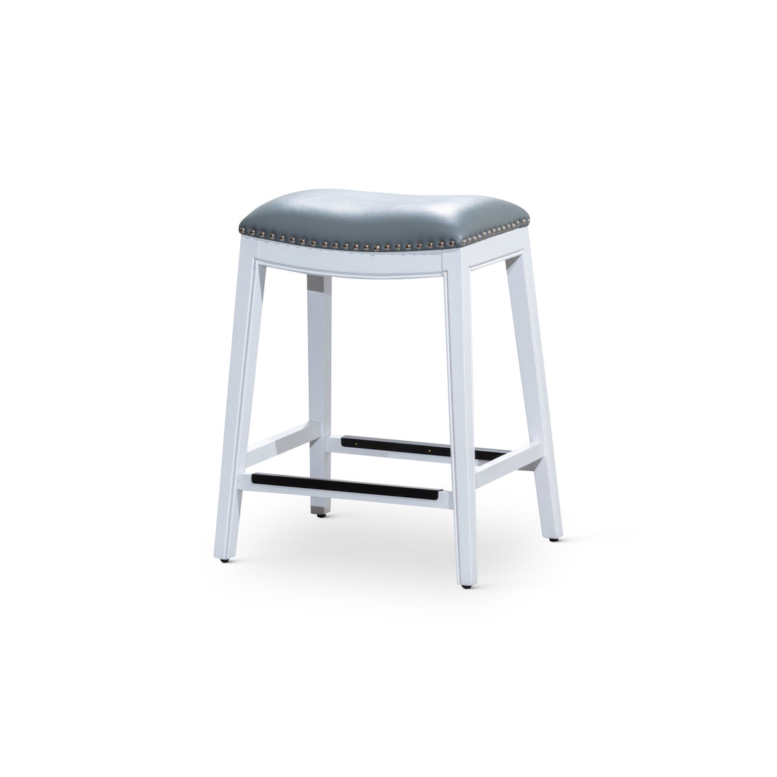 24" Counter Stool, White Finish, Gray Leather Seat White Bonded Leather
