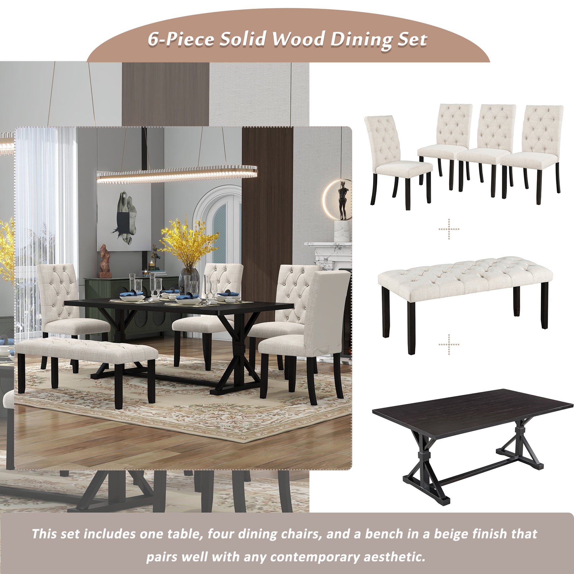 6 Piece Farmhouse Dining Table Set 72" Wood Rectangular Table, 4 Upholstered Chairs With Bench Espresso Espresso Solid Wood