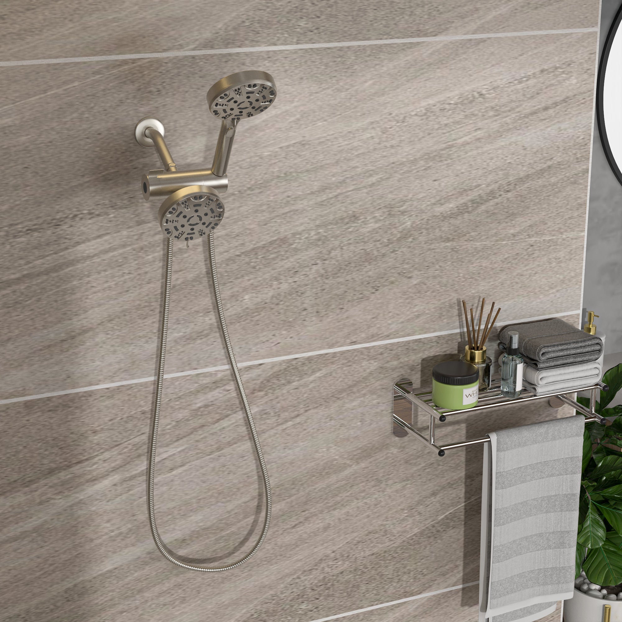 Multi Function Dual Shower Head Shower System with brushed nickel-plastic