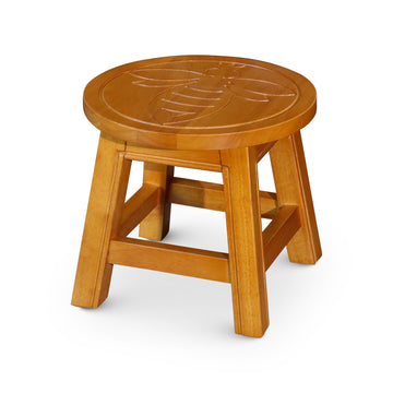 Carved Wooden Step Stool, Queen Bee, Natural Natural Rubber Wood
