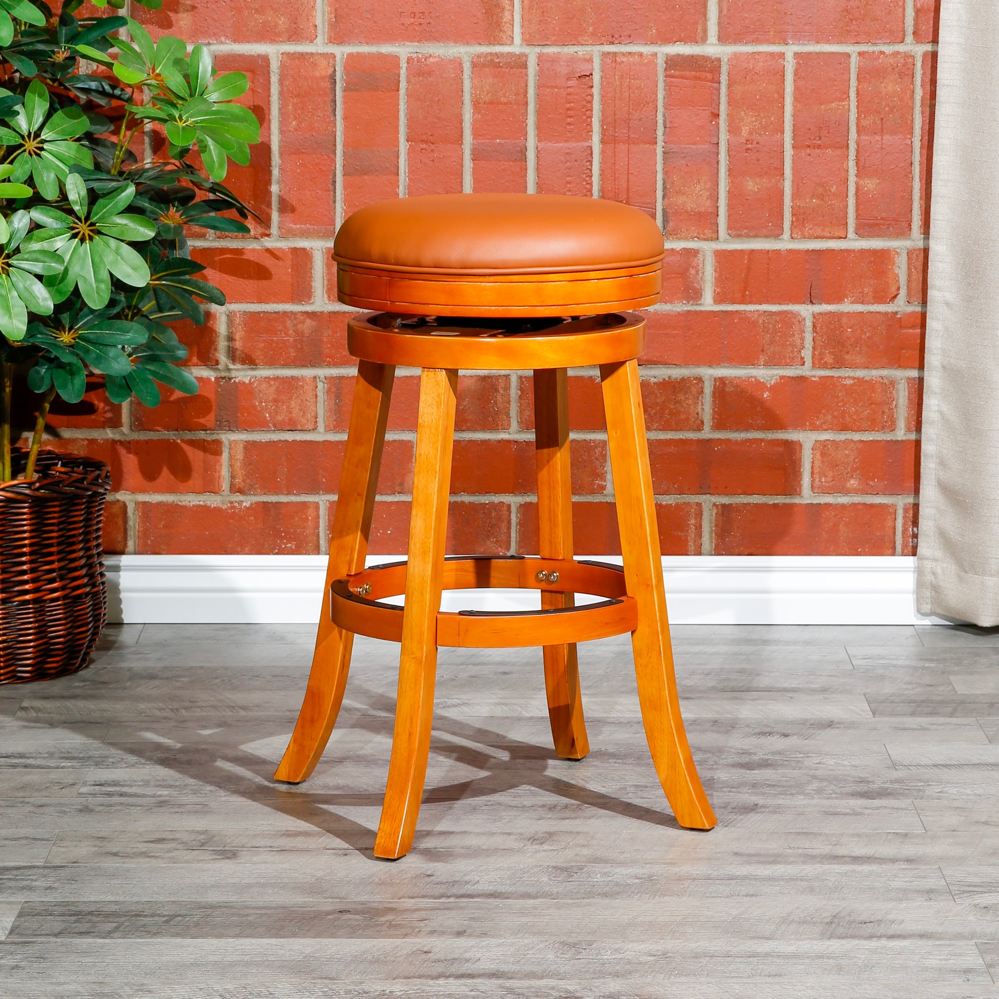 30" Bar Stool, Natural Finish, Saddle Leather Seat Natural Bonded Leather