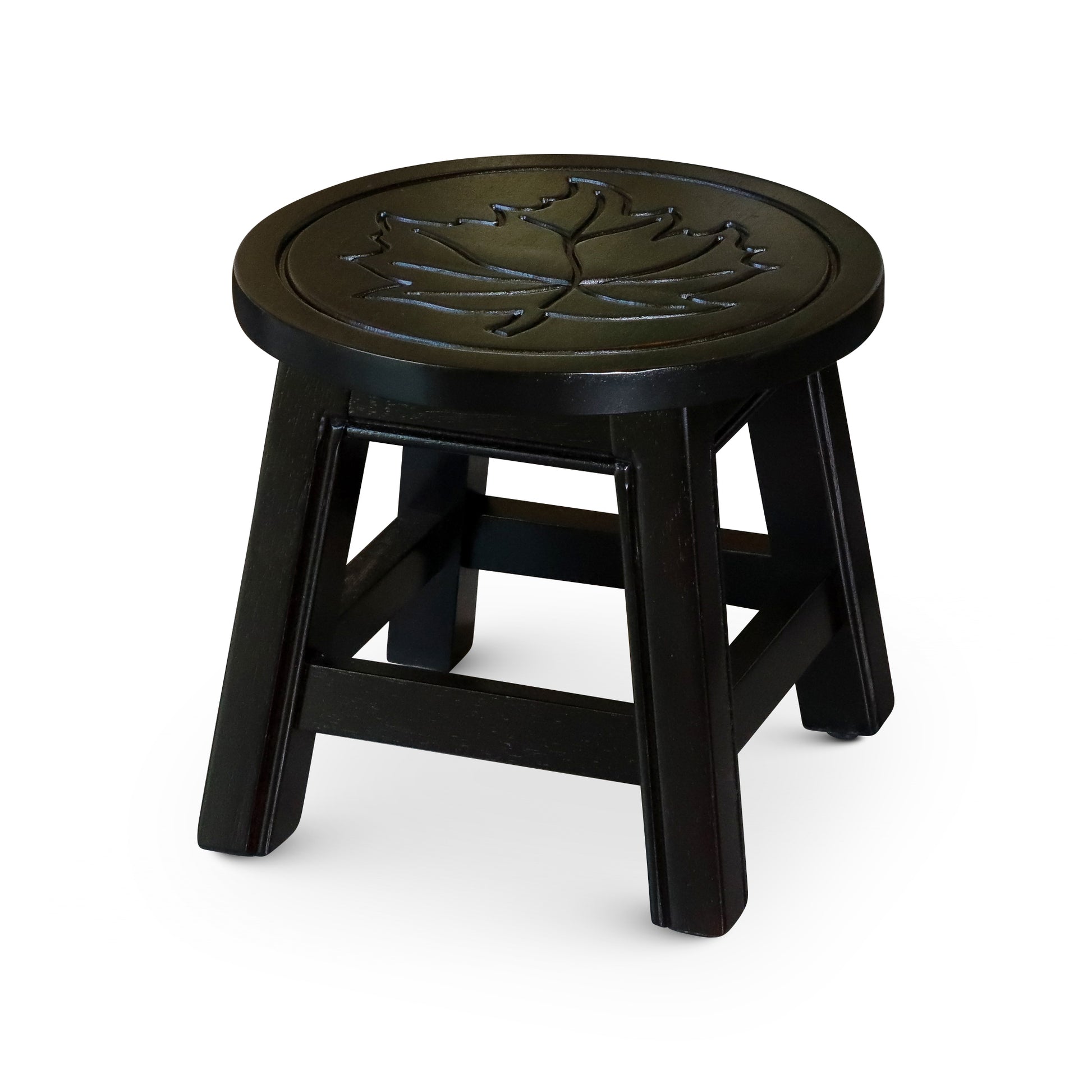 Carved Wooden Step Stool, Maple Leaf, Espresso Espresso Rubber Wood
