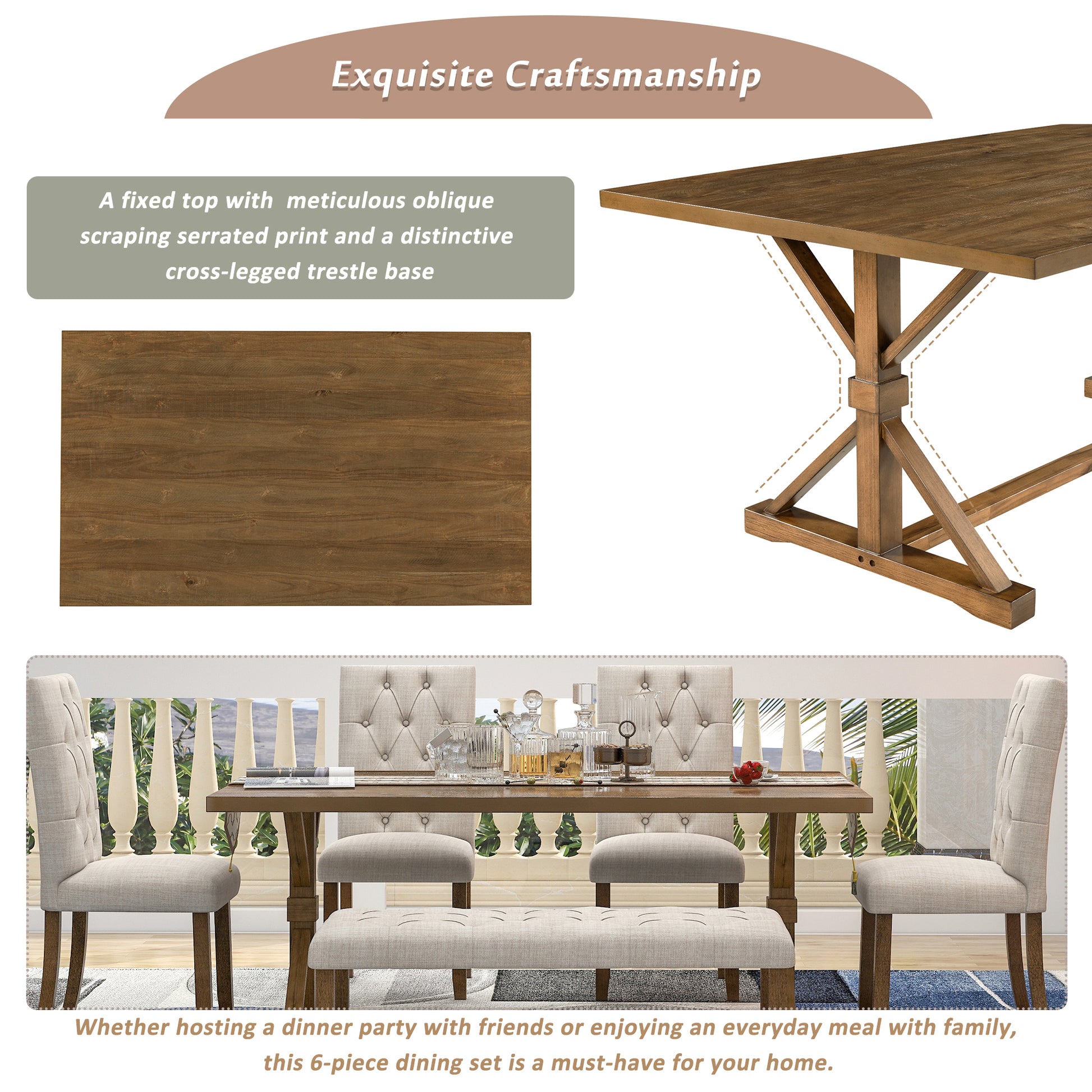 6 Piece Farmhouse Dining Table Set 72" Wood Rectangular Table, 4 Upholstered Chairs With Bench Walnut Walnut Solid Wood