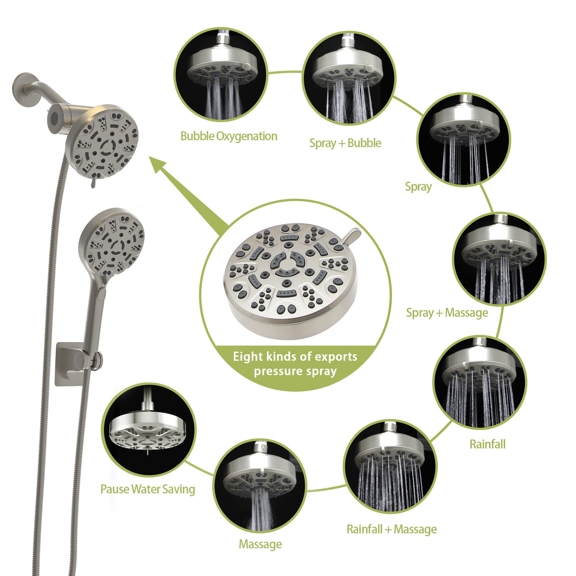 Multi Function Dual Shower Head Shower System With 4.7" Rain Showerhead, 8 Function Hand Shower, Brushed Nickel Brushed Nickel Plastic