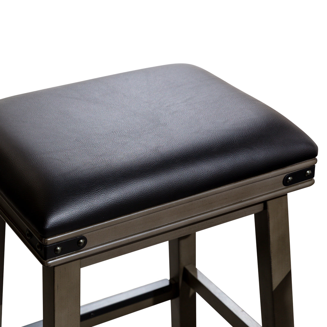 24" Counter Stool, Weathered Gray Finish, Black Leather Seat Gray Bonded Leather