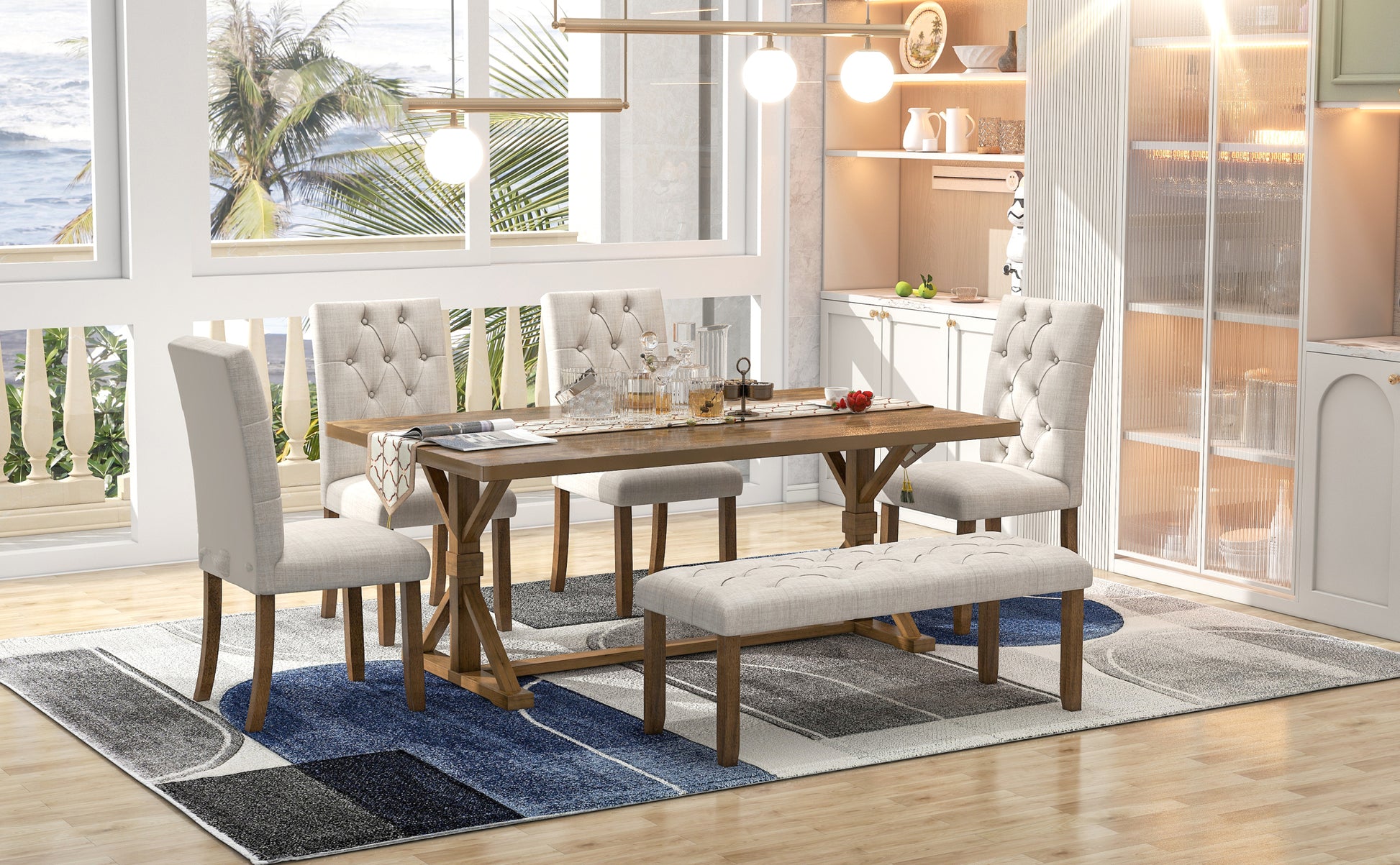 6 Piece Farmhouse Dining Table Set 72" Wood Rectangular Table, 4 Upholstered Chairs With Bench Walnut Walnut Solid Wood