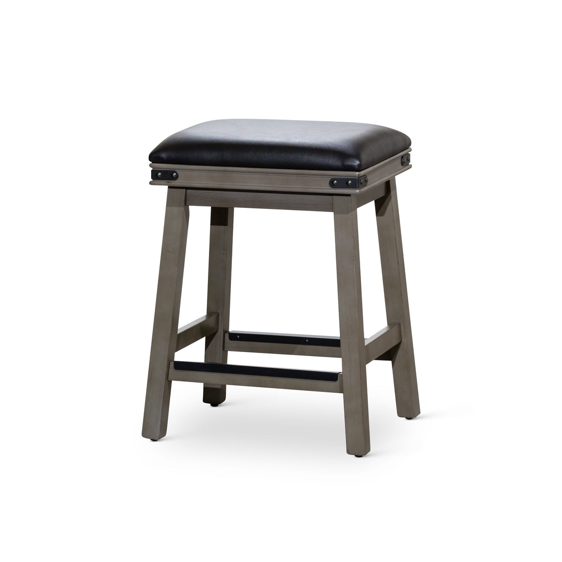 24" Counter Stool, Weathered Gray Finish, Black Leather Seat Gray Bonded Leather