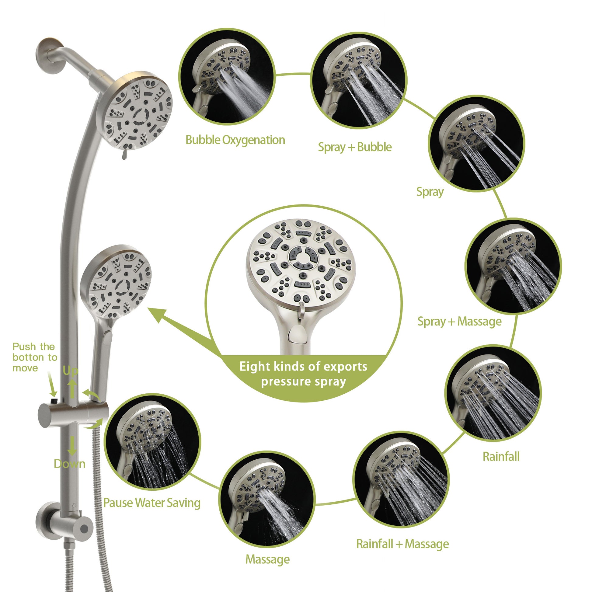 Multi Function Dual Shower Head Shower System With 4.7" Rain Showerhead, 8 Function Hand Shower, Adjustable Slide Bar,Brushed Nickel Brushed Nickel Plastic